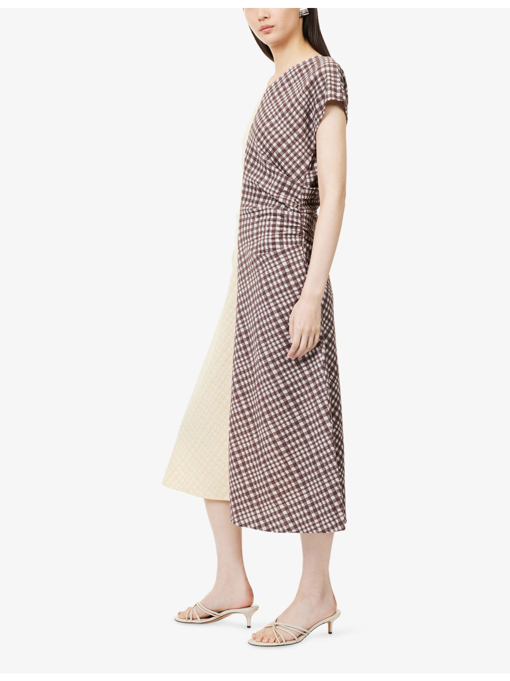 Checked Ruched Stretch-Woven Midi Dress - 3