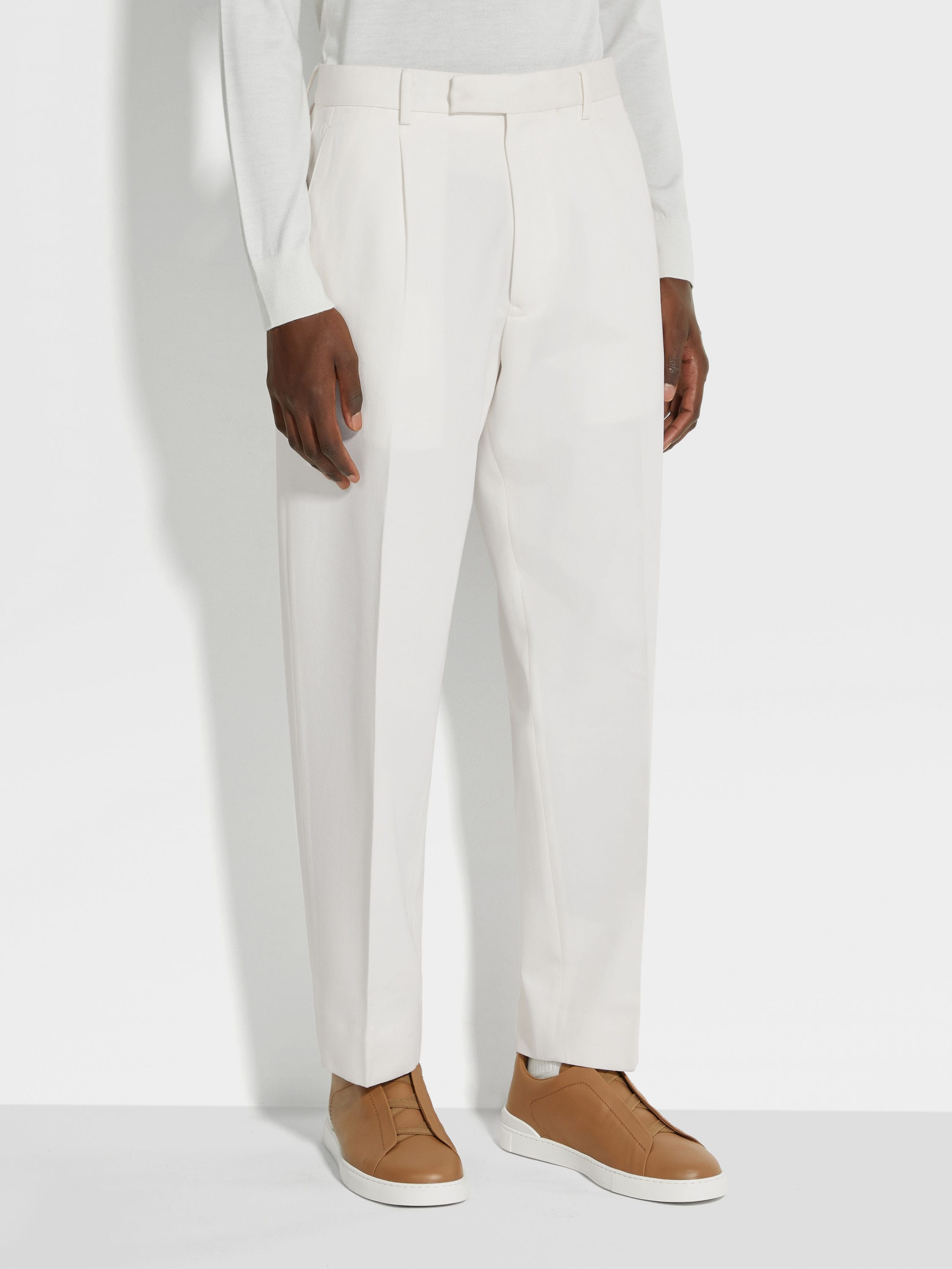 WHITE COTTON AND WOOL PANTS - 5