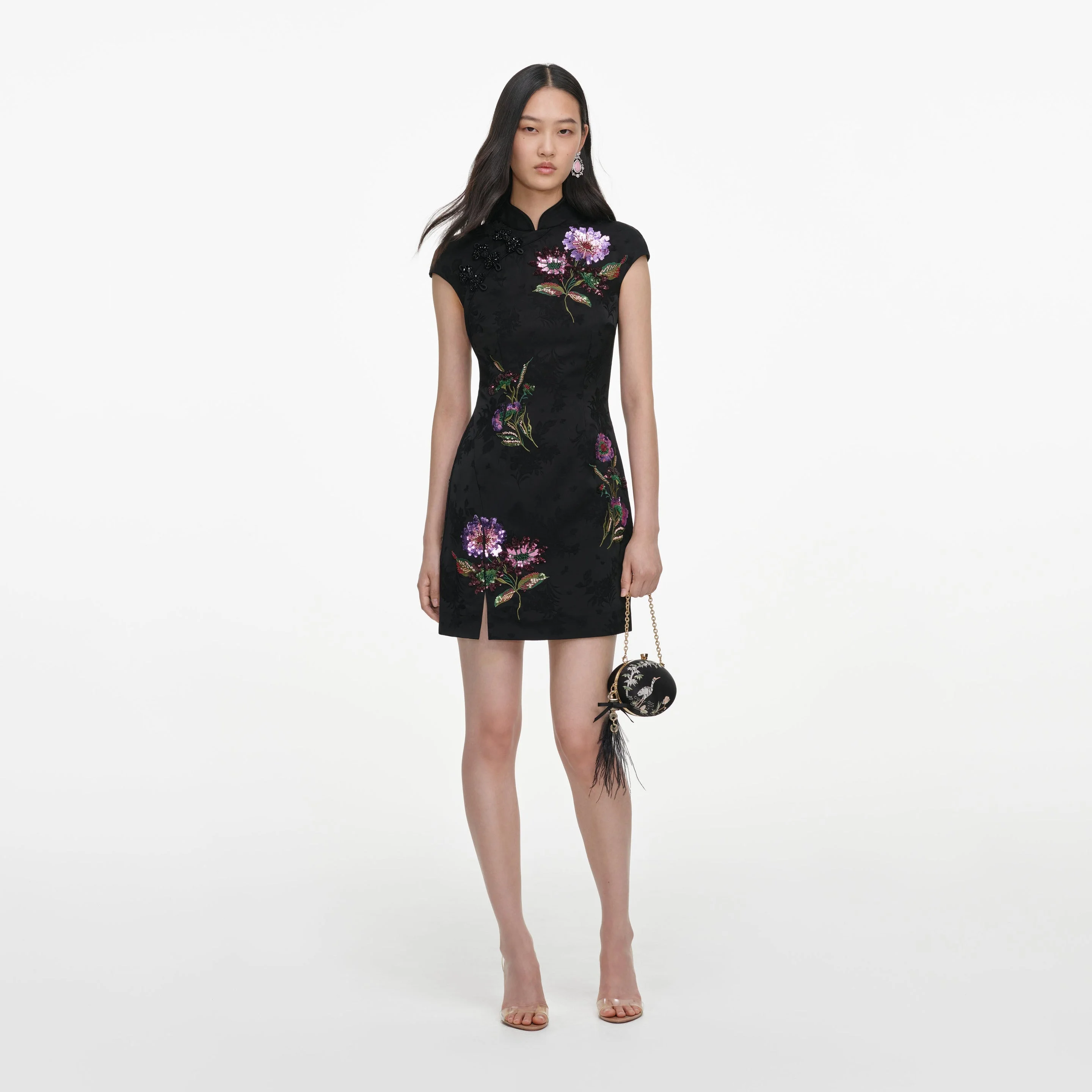 Black Jacquard Sequin Embroidered Mini Dress - 1