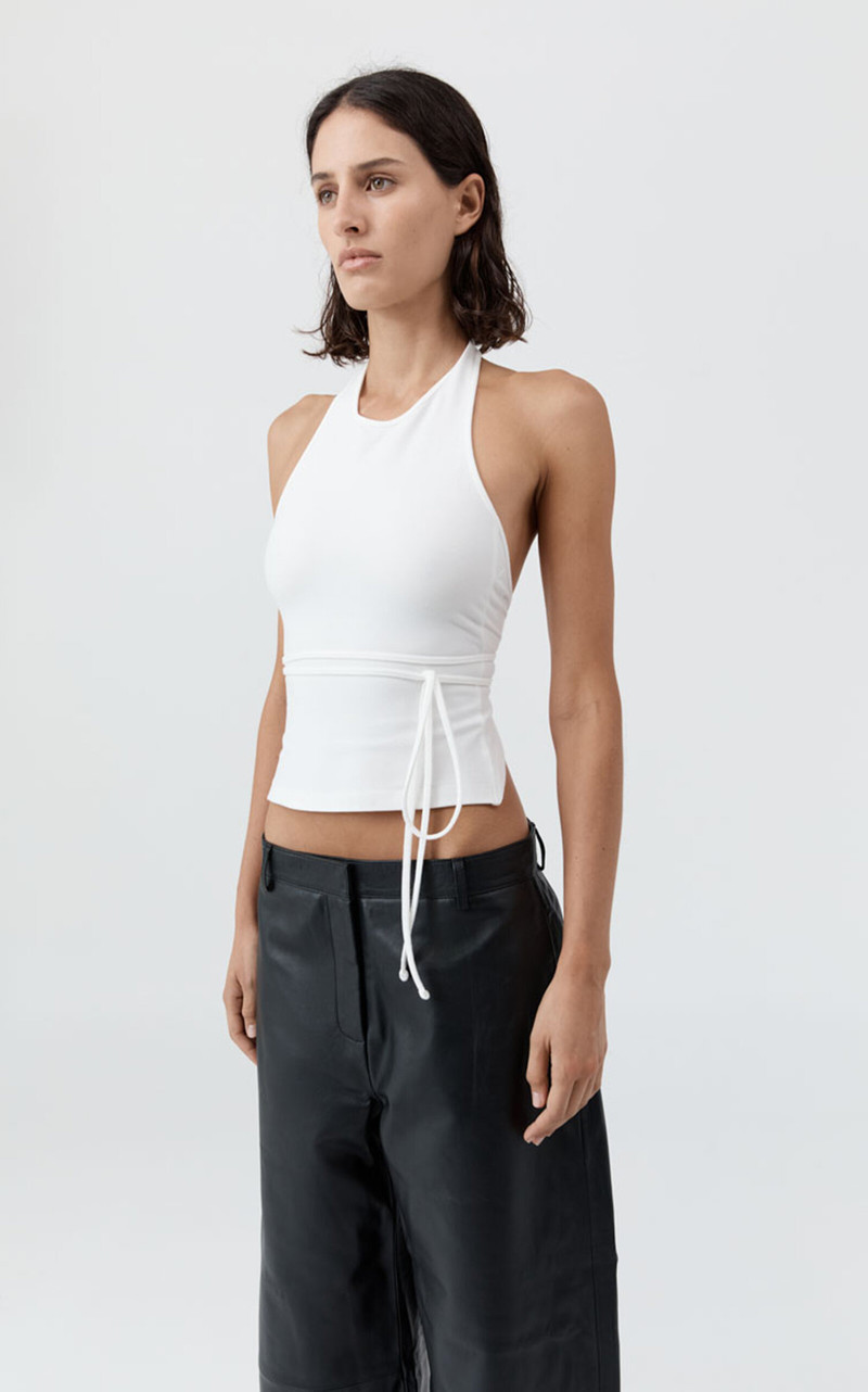 ST. AGNI Tie-Detailed Organic-Cotton Jersey Top white outlook