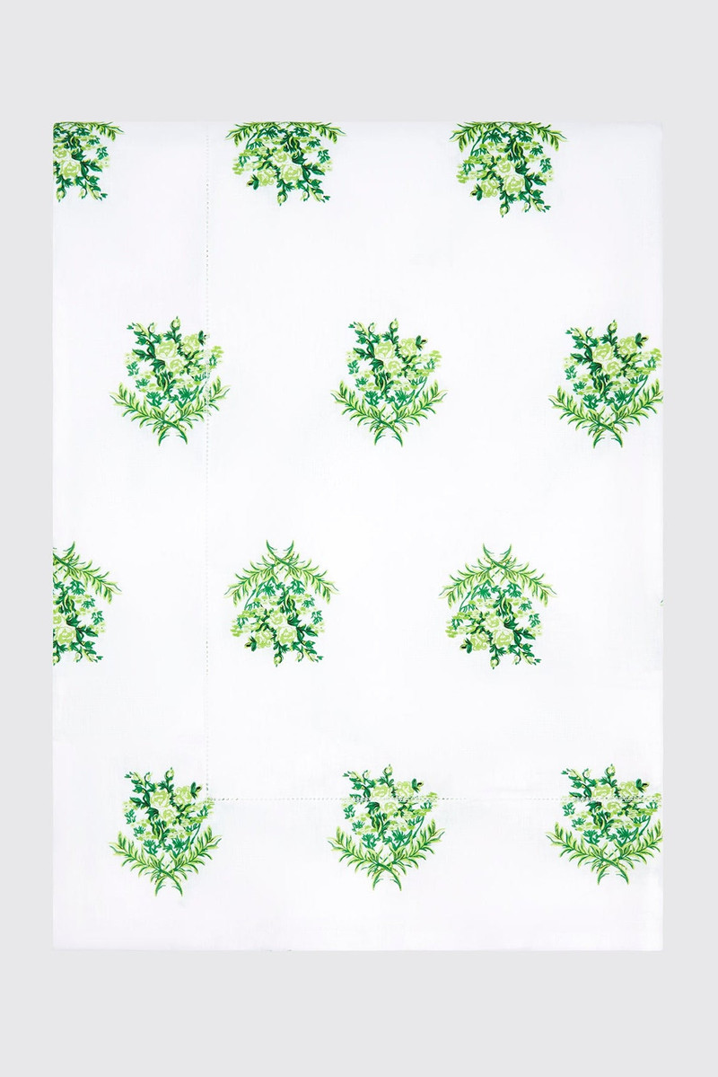 Amalia Duvet Cover in Green Floral Print on White Linen 1