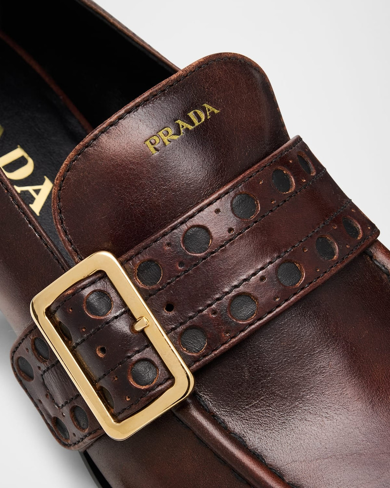 Perforated Leather Buckle Heeled Loafers 6