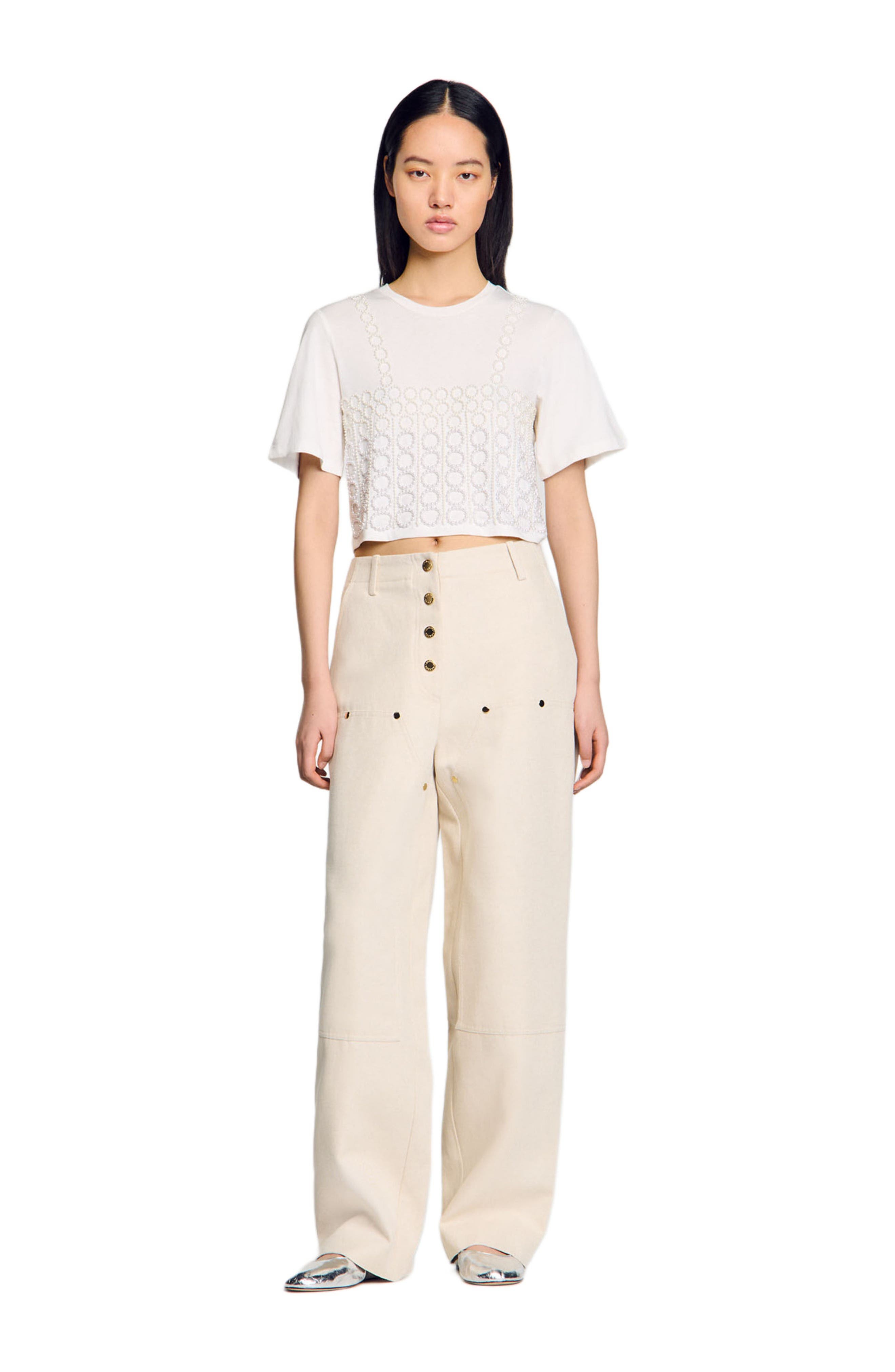 SANDRO Beaded cropped T-shirt in White at Nordstrom - 1