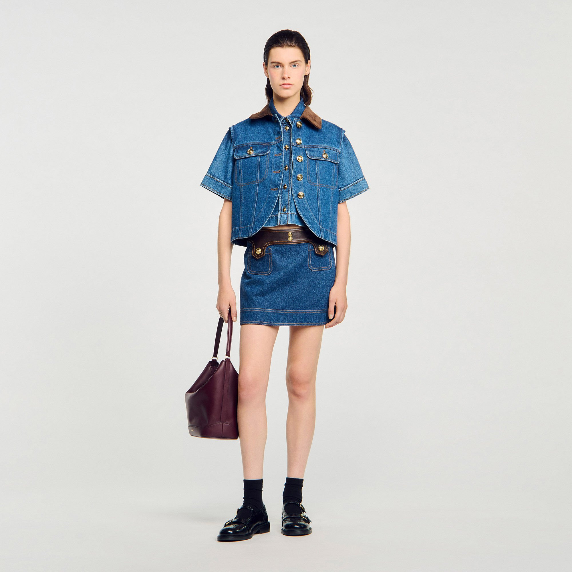MINI DENIM AND LEATHER SKIRT - 1