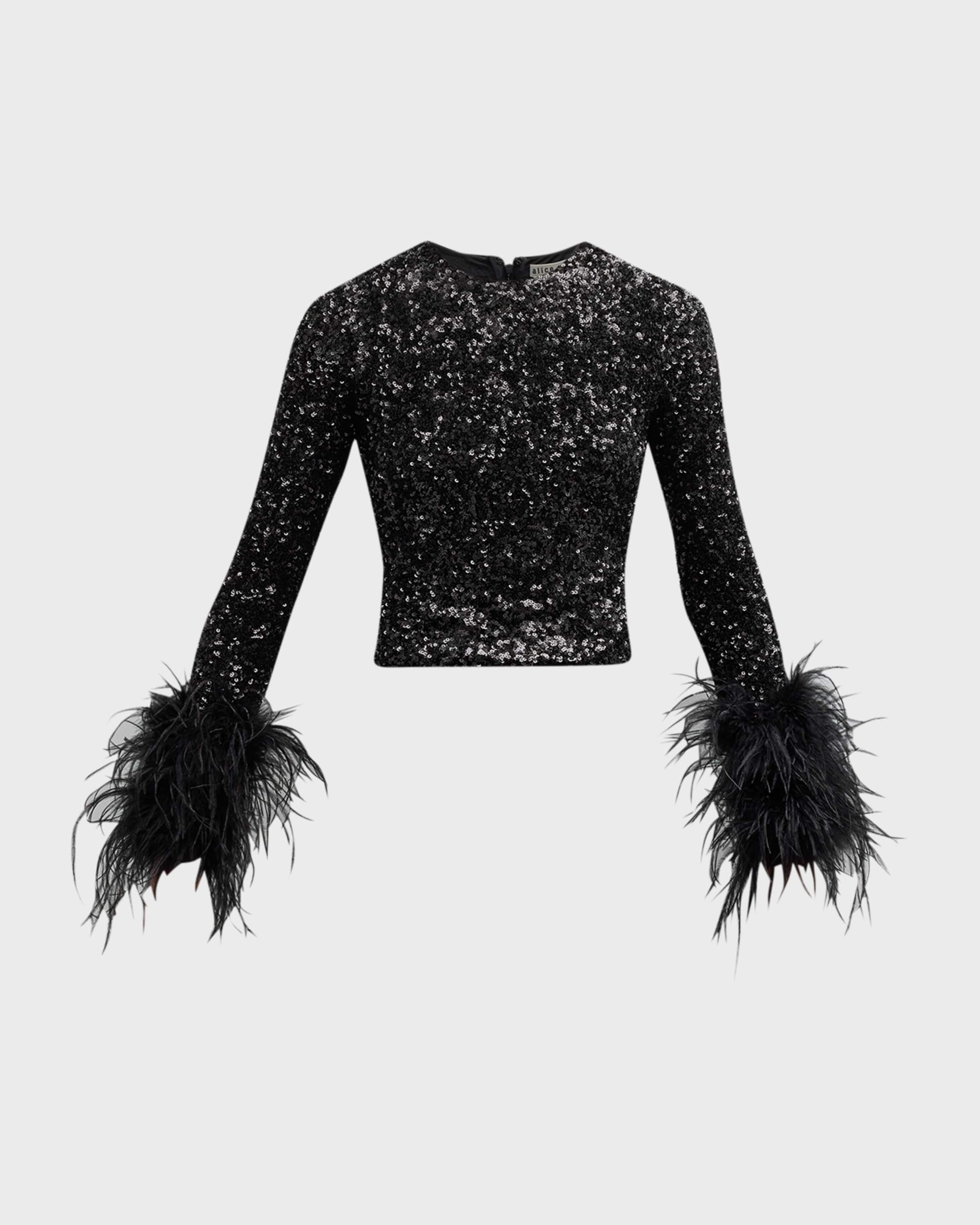 Delaina Sequin-Embellished Feather-Cuff Top