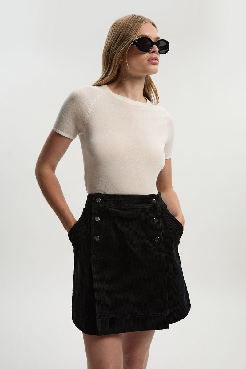 Cord Button Pleat Detail Mini Skirt 1