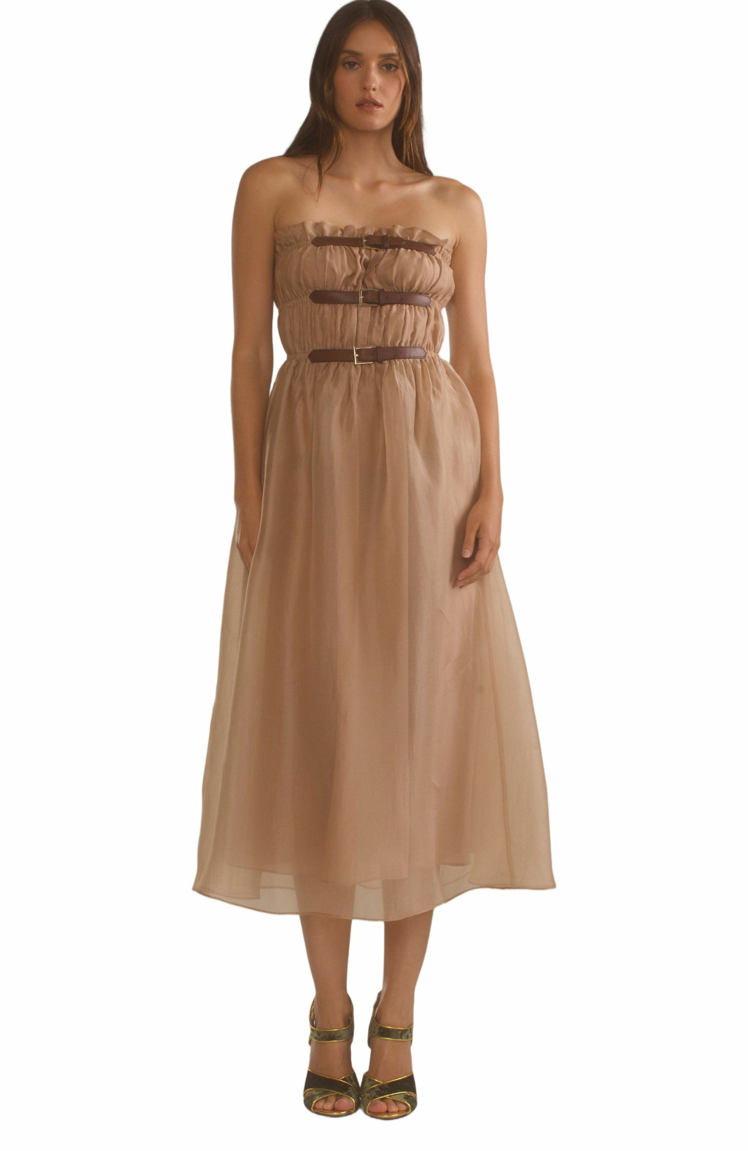 Cynthia Rowley Buckle Up Silk Organza Dress in Camel at Nordstrom - 2