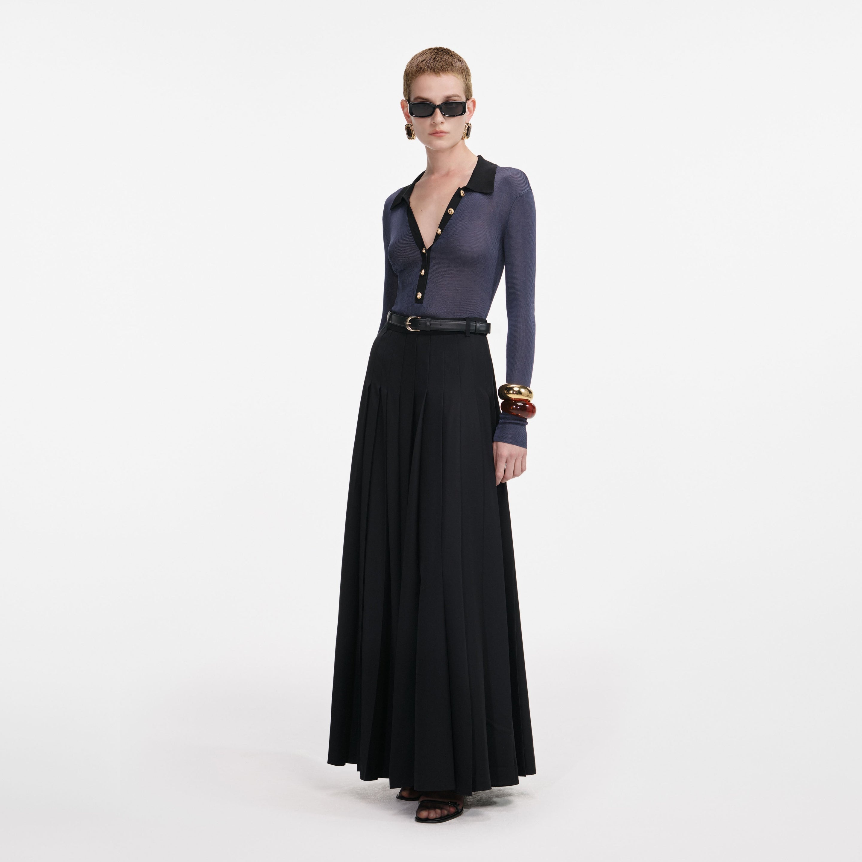 Black Pleated Twill Maxi Skirt - 2