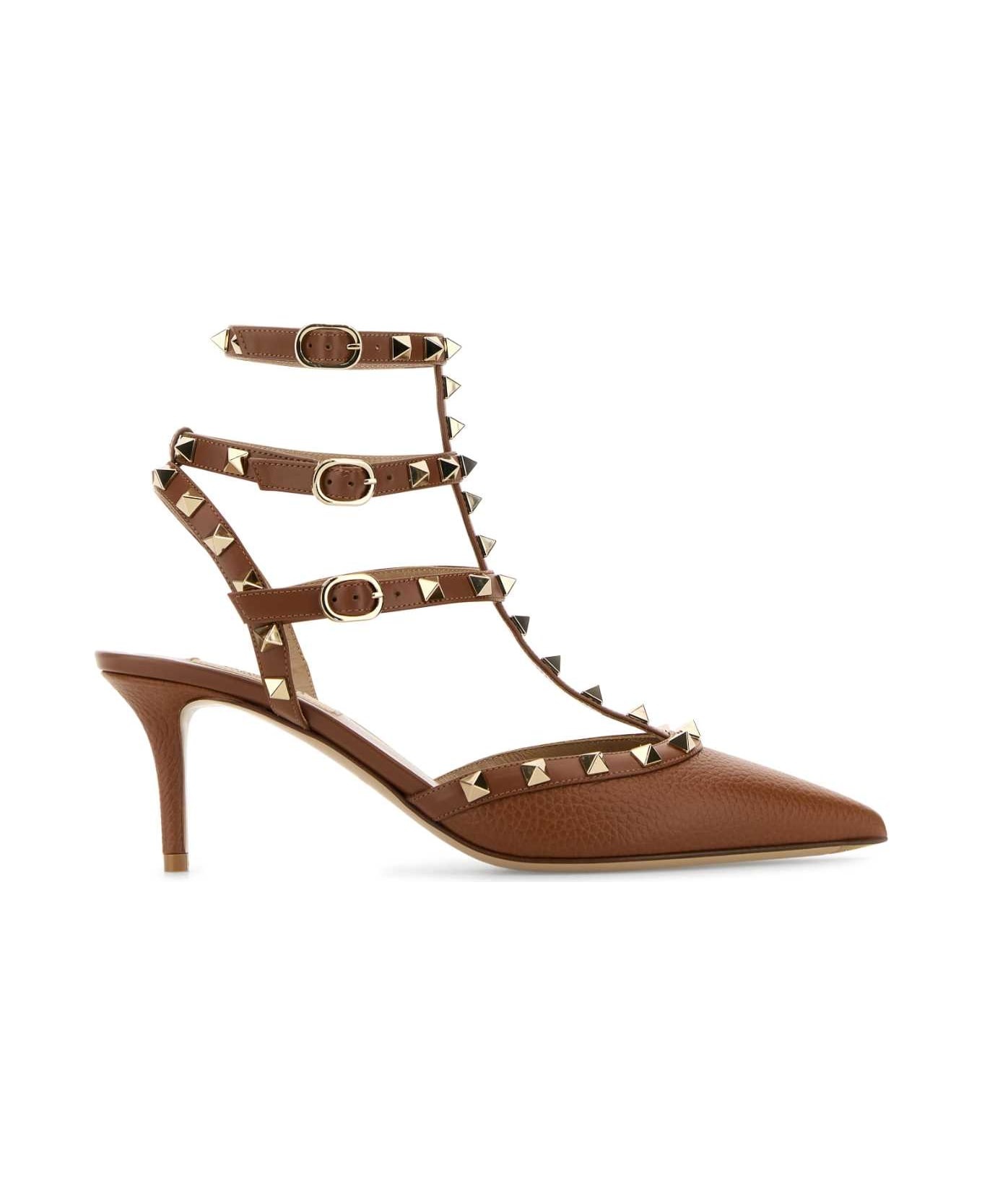 Brown Leather Rockstud Pumps - 1