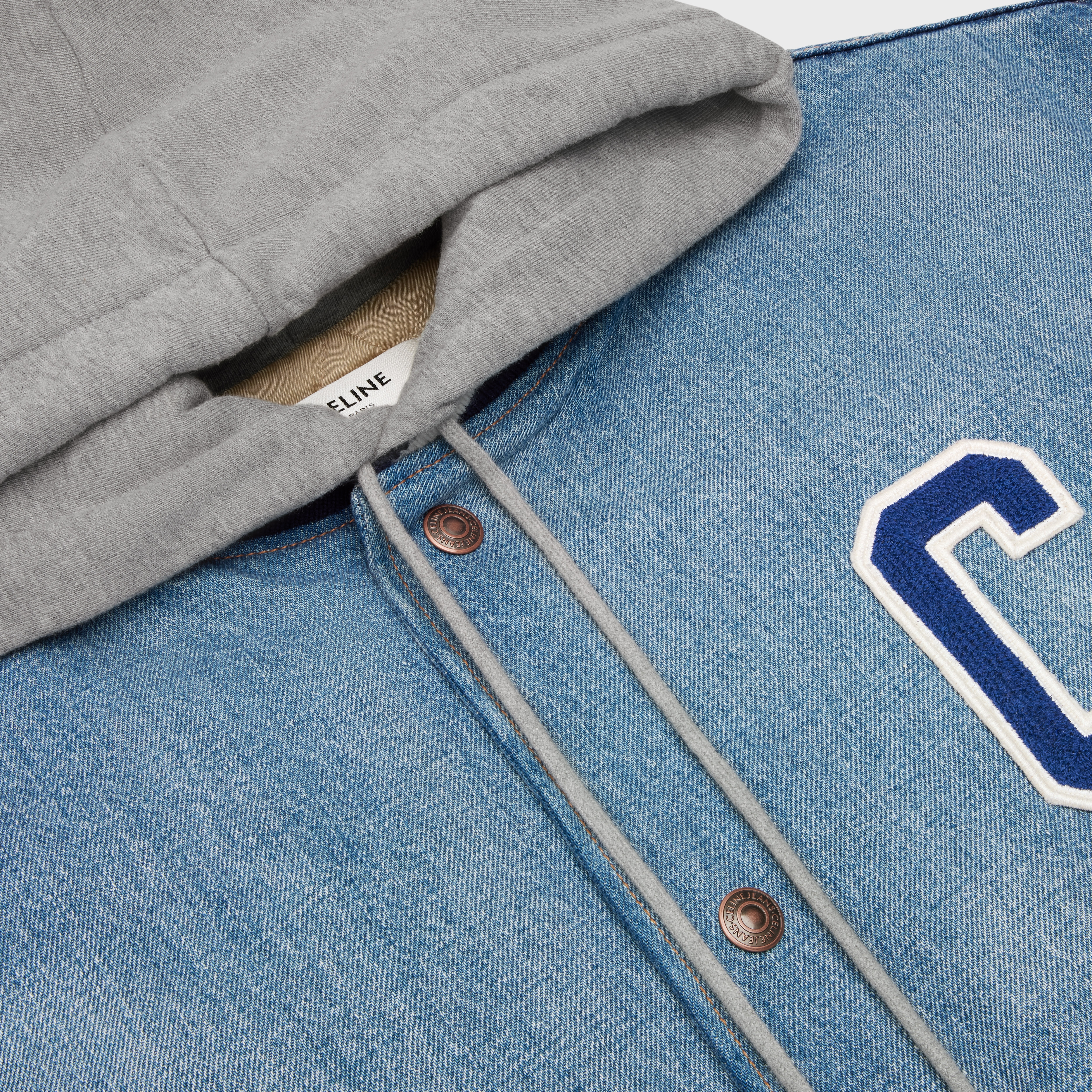 CELINE hooded varsity jacket in pismo wash denim | REVERSIBLE