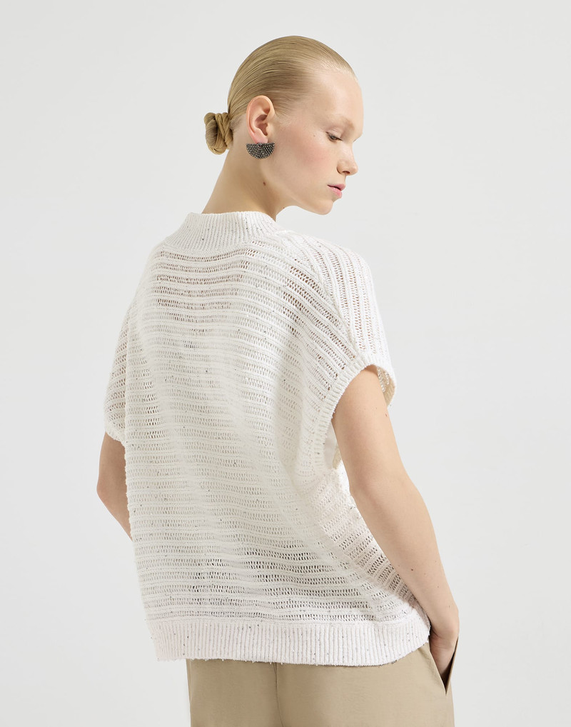 Linen diamond yarn cardigan with openwork stripes and shiny zipper pull 3