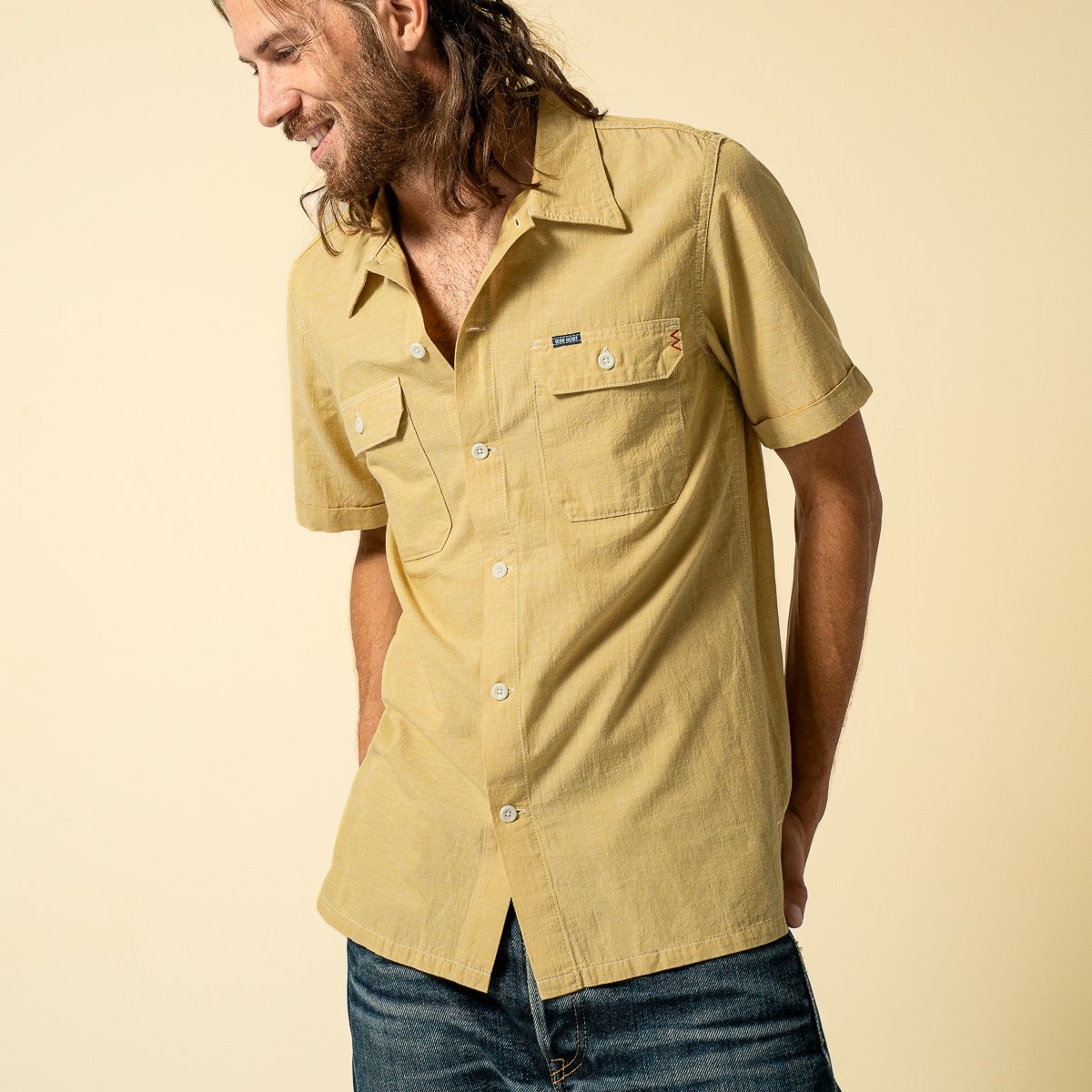 IHSH-388-YEL 4oz Selvedge Short Sleeved Summer Shirt - Yellow - 4