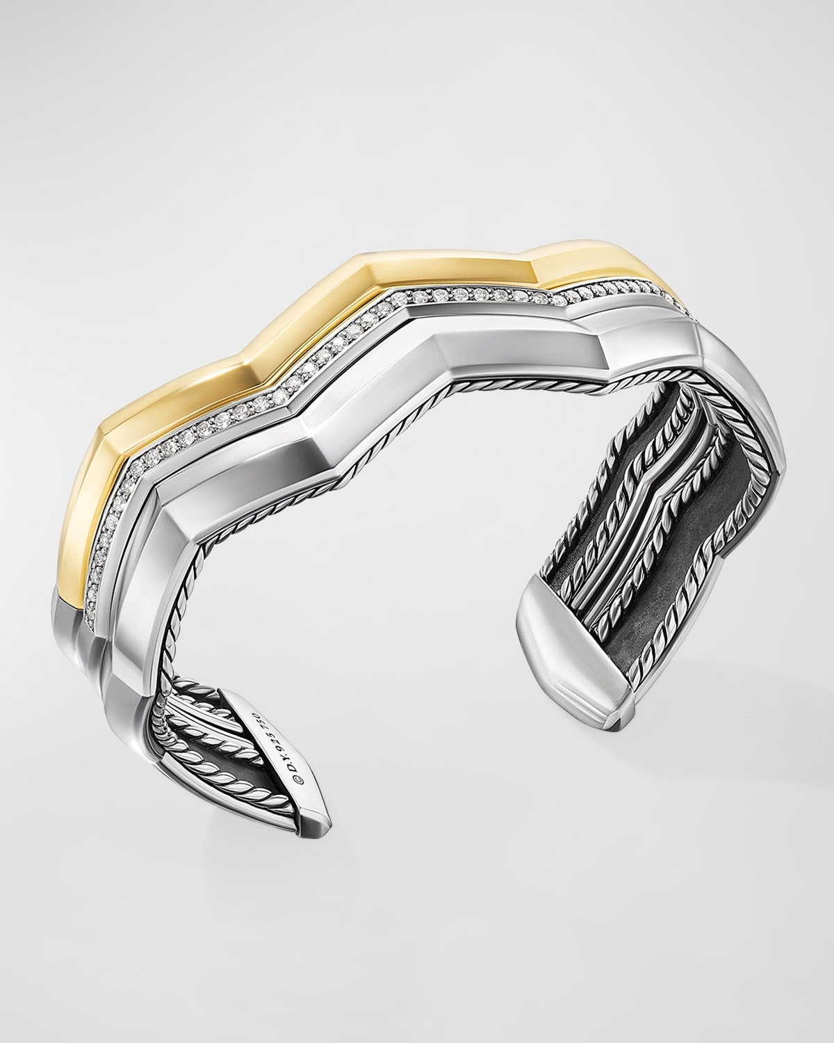 Zig Zag Stax Three Row Cuff Bracelet with Diamonds in 18K Gold and Silver, 17mm - 2