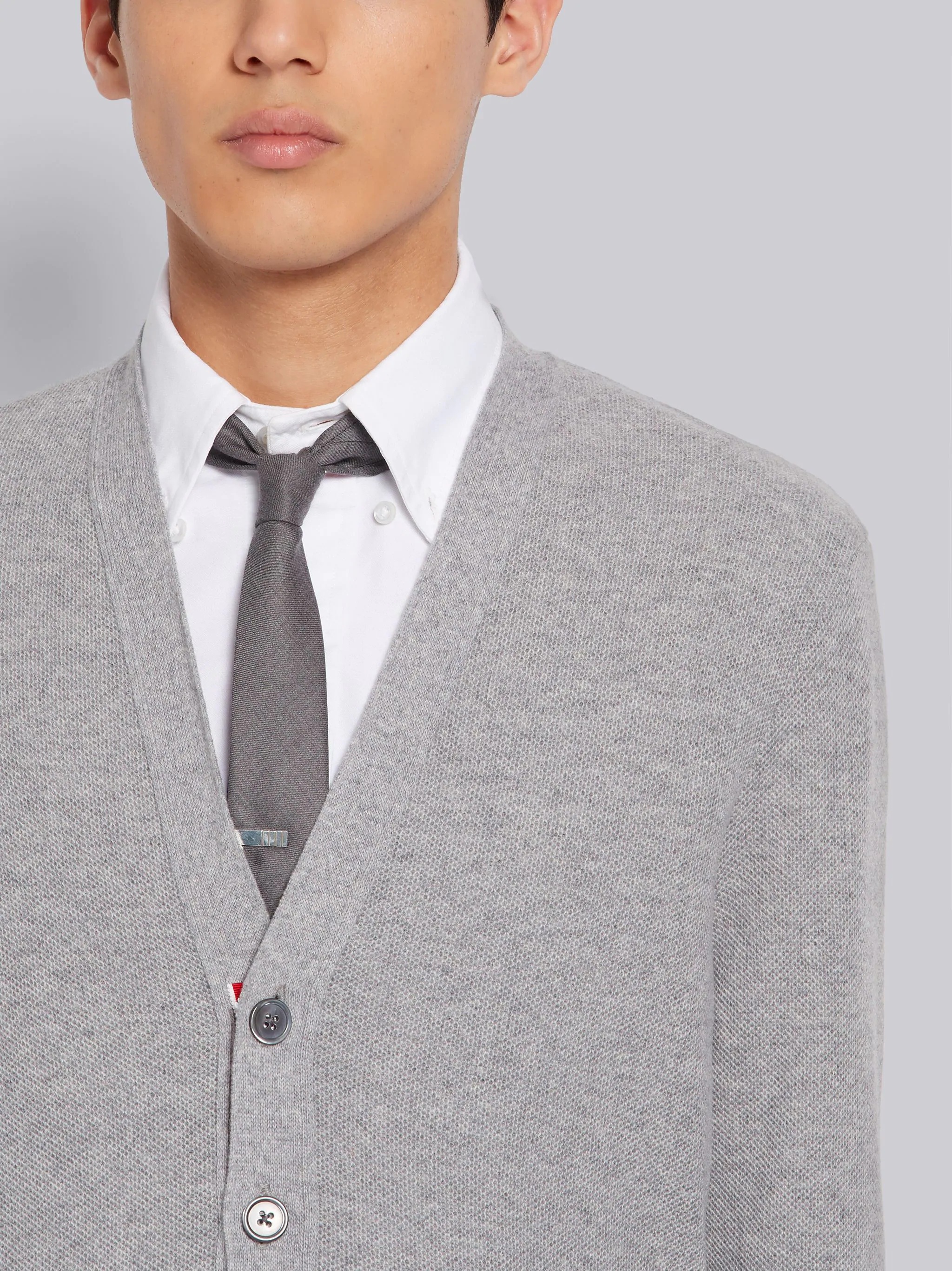 Light Grey Cashmere Pique V-Neck Cardigan - 5