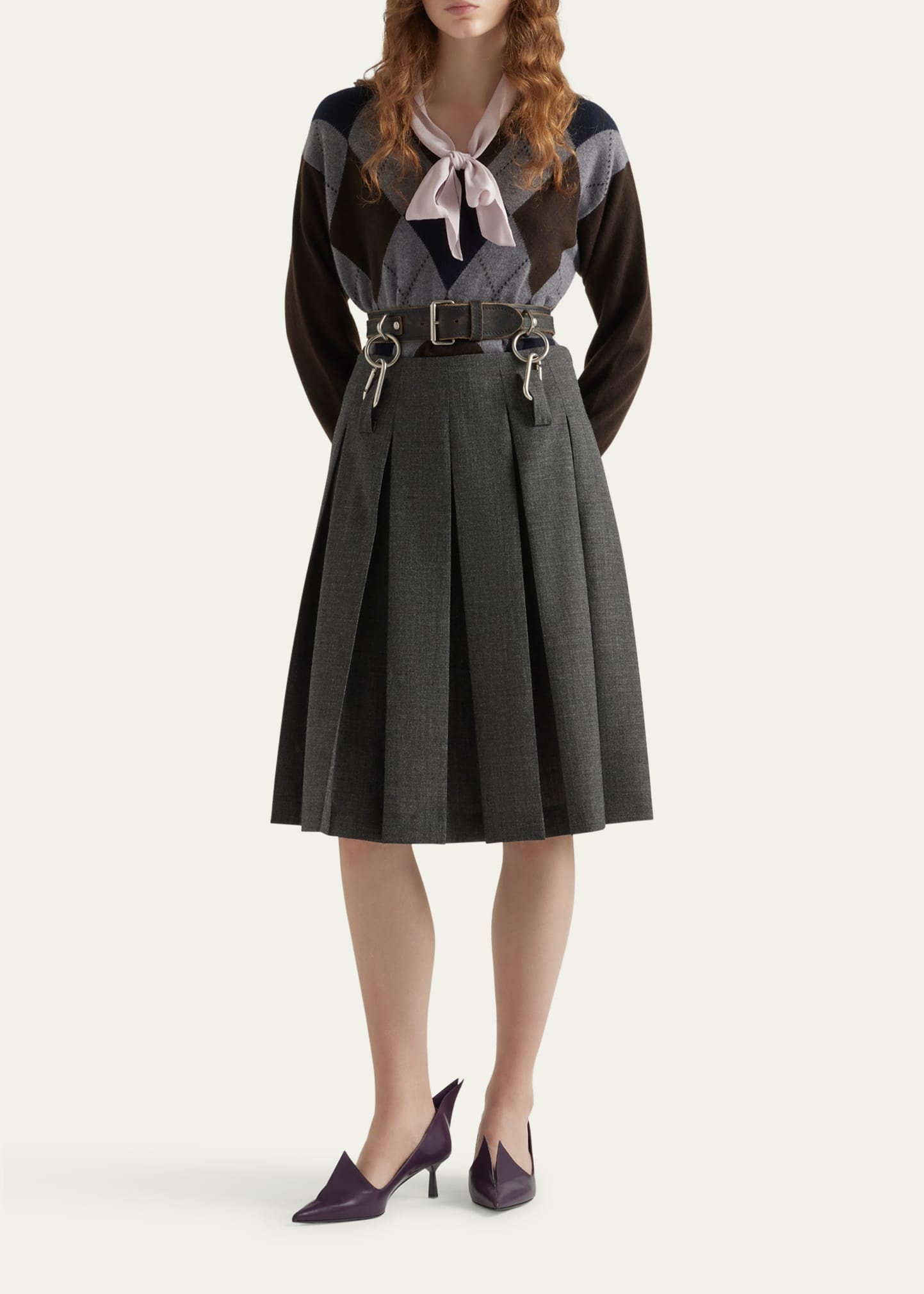 Suspended Leather Belt Pleated Wool Skirt - 2