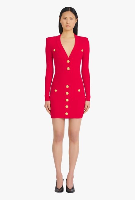 Short red knit dress with gold-tone buttons - 4