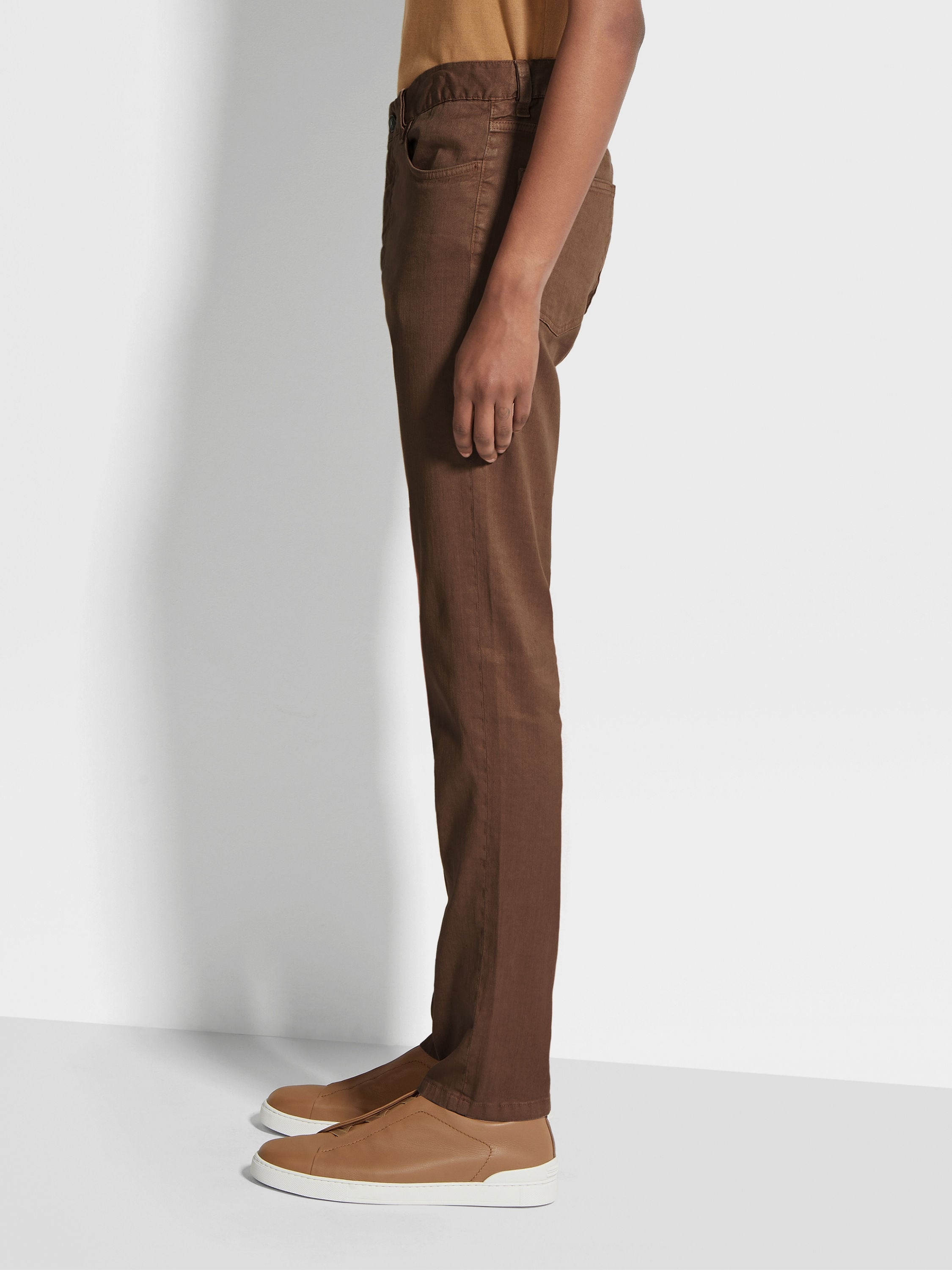 TOBACCO STRETCH LINEN AND COTTON ROCCIA JEANS - 3