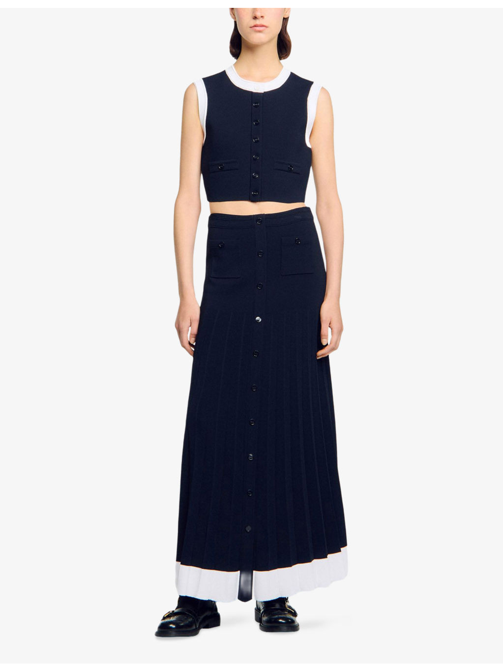 Contrast-Hem Button-Down Knitted Maxi Skirt - 2