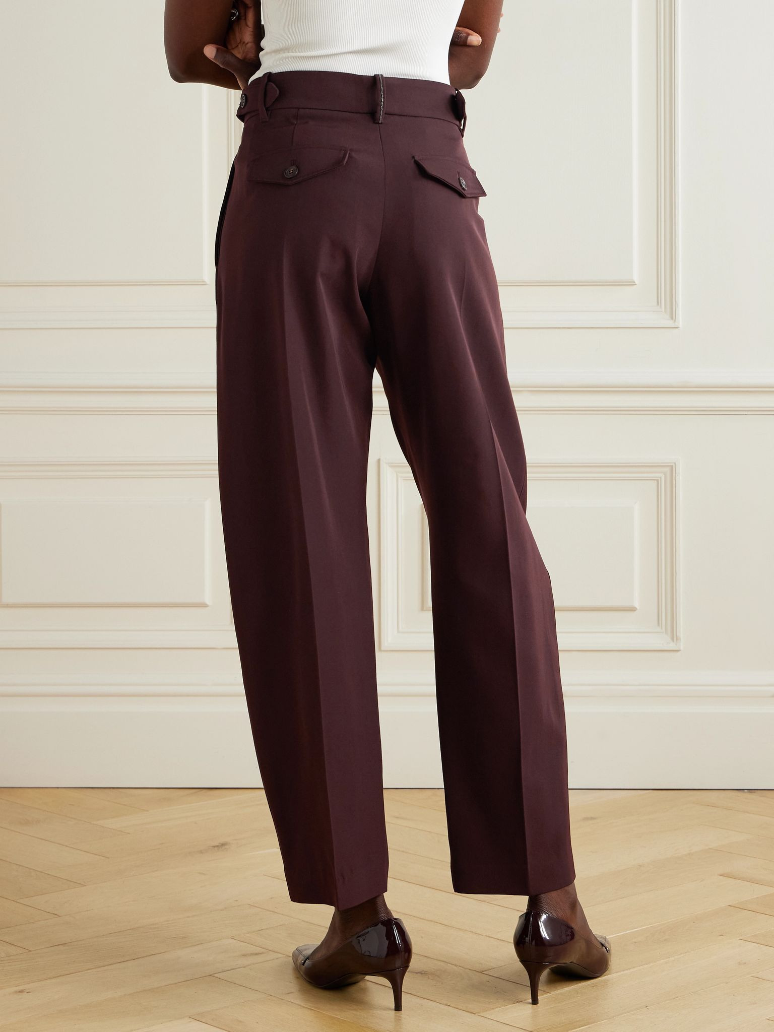 Pleated wool and cotton-blend twill tapered pants Burgundy - 4