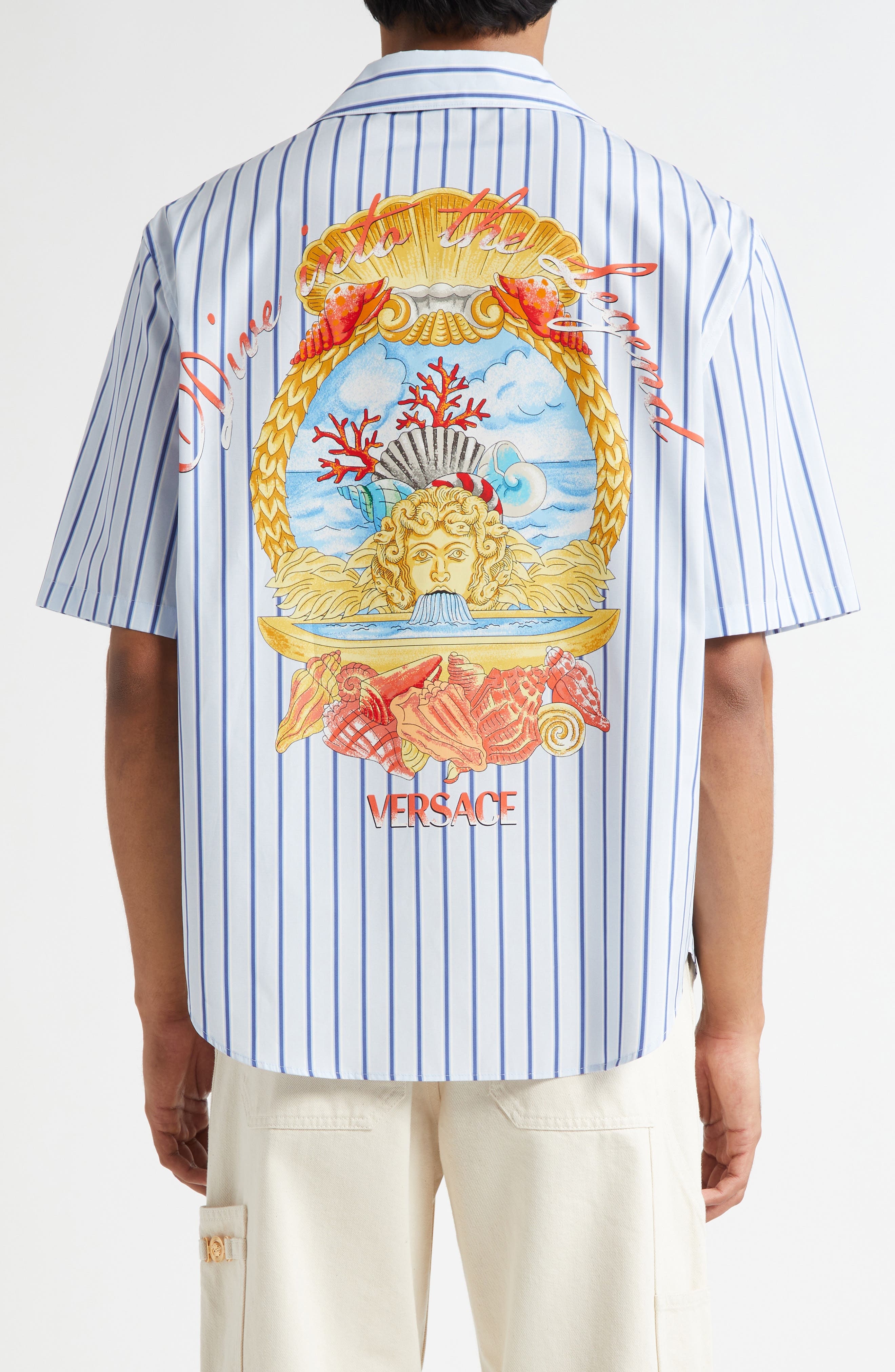 Versace Dive in Crest Cotton Poplin Camp Shirt in Blue Stripes Multi at Nordstrom - 2