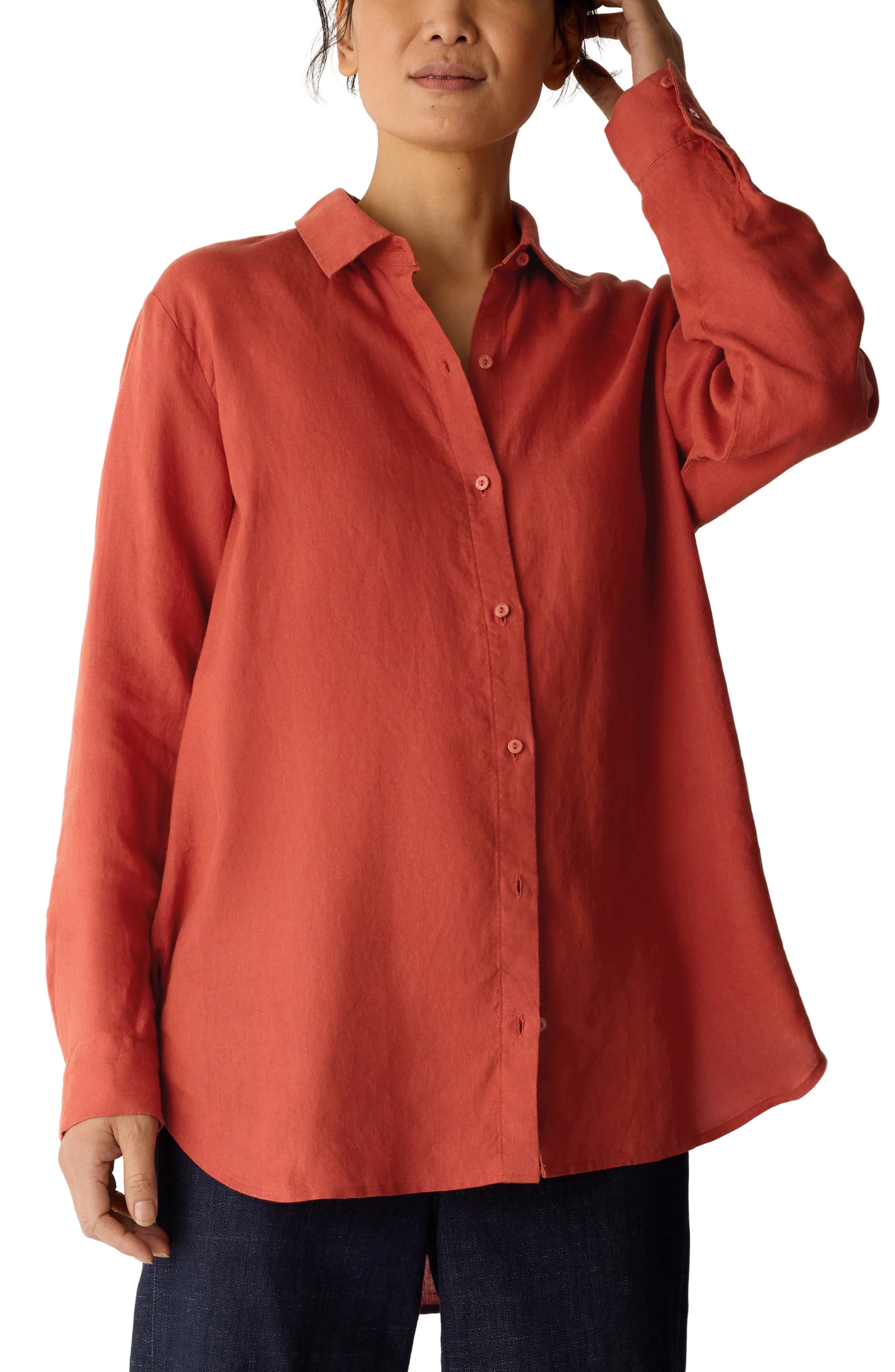 Eileen Fisher Classic Collar Organic Linen Long Button-Up Shirt in Blood Orange at Nordstrom - 1