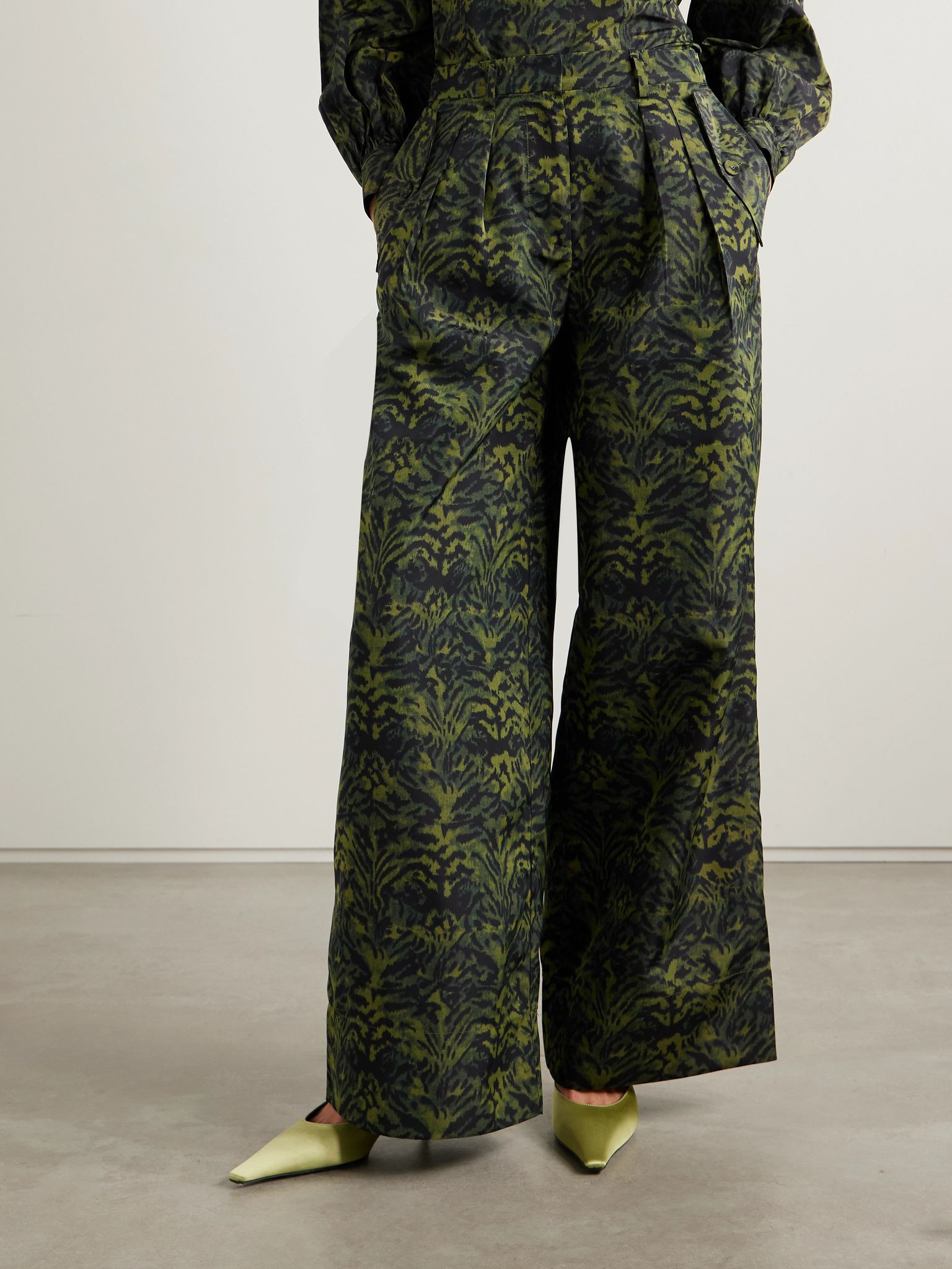Charlie pleated printed poplin wide-leg pants Dark green - 3