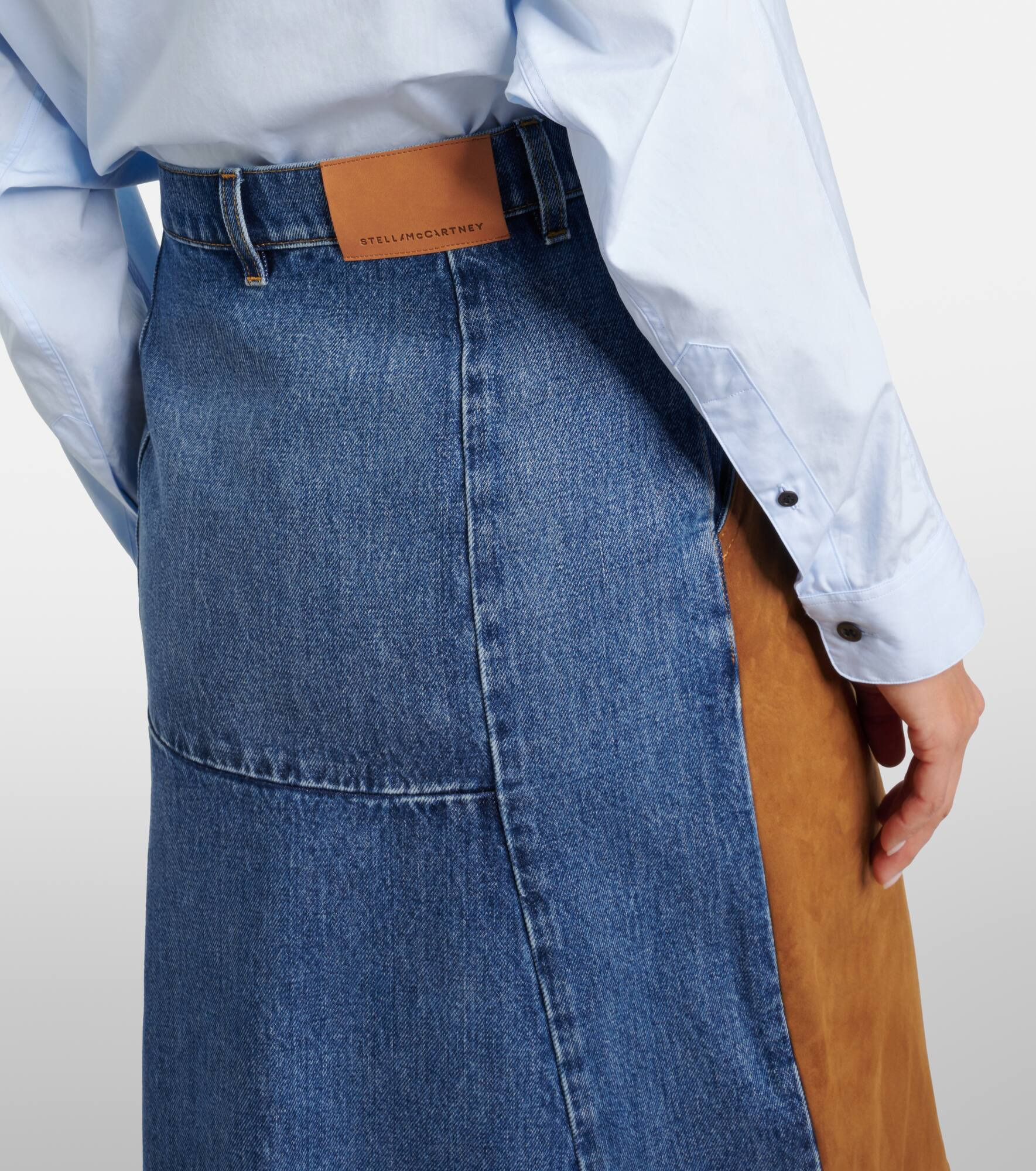 Faux suede-trimmed denim midi skirt - 6