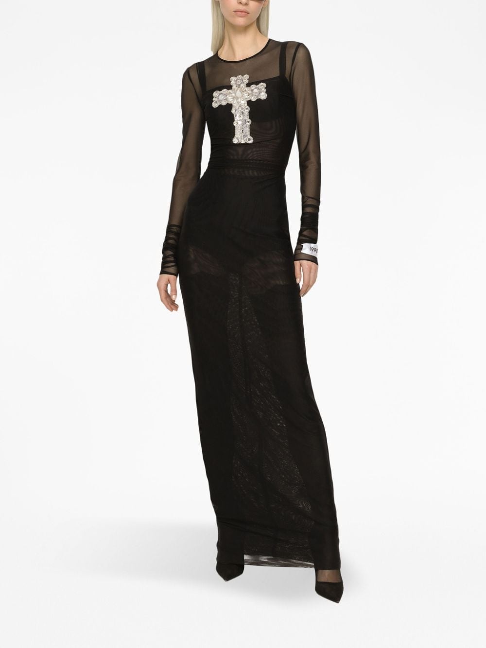 cross-embellished tulle long dress - 3