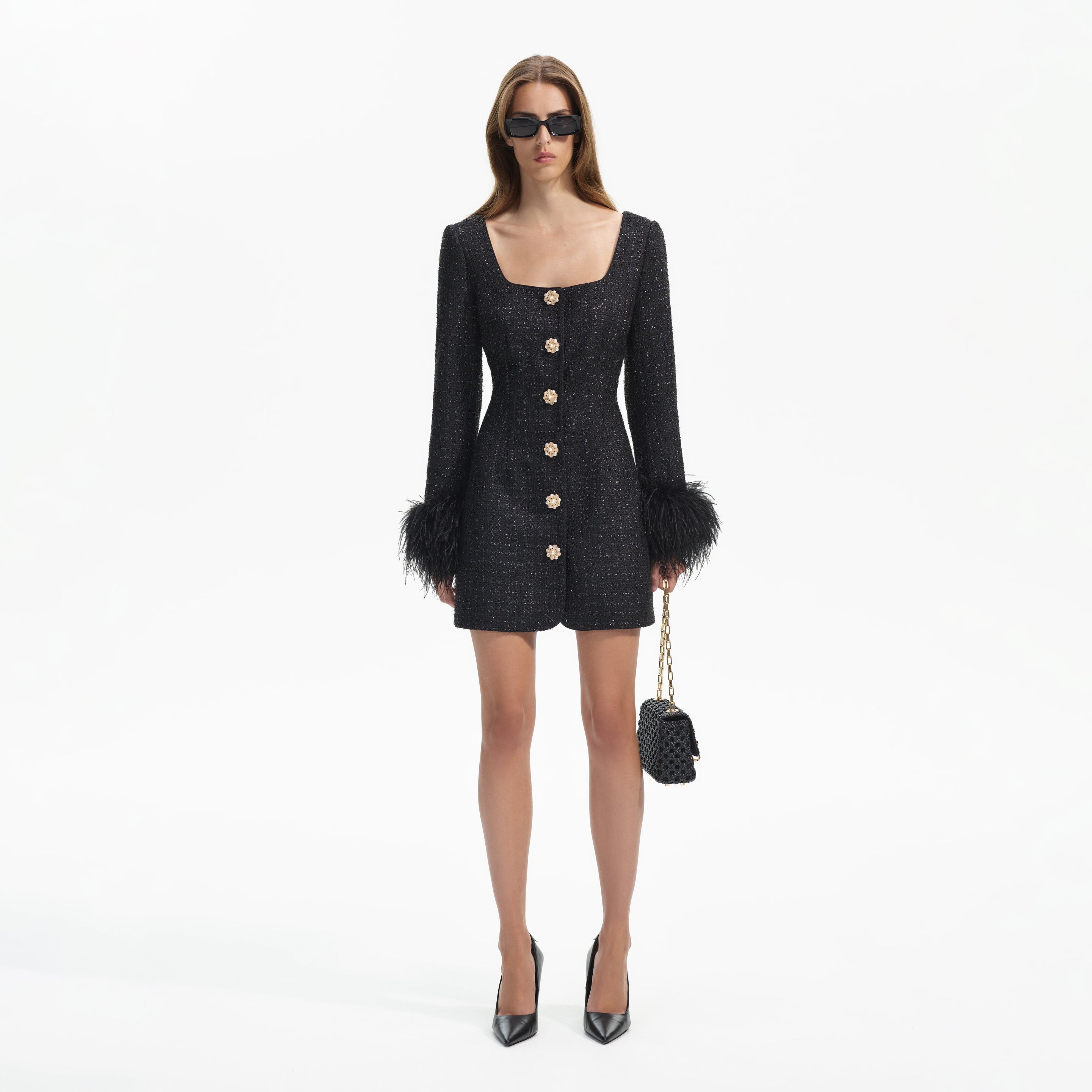 Black Boucle Feather Mini Dress - 1