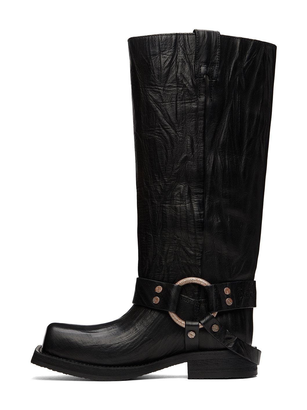 Black Leather Buckle Tall Boots - 3