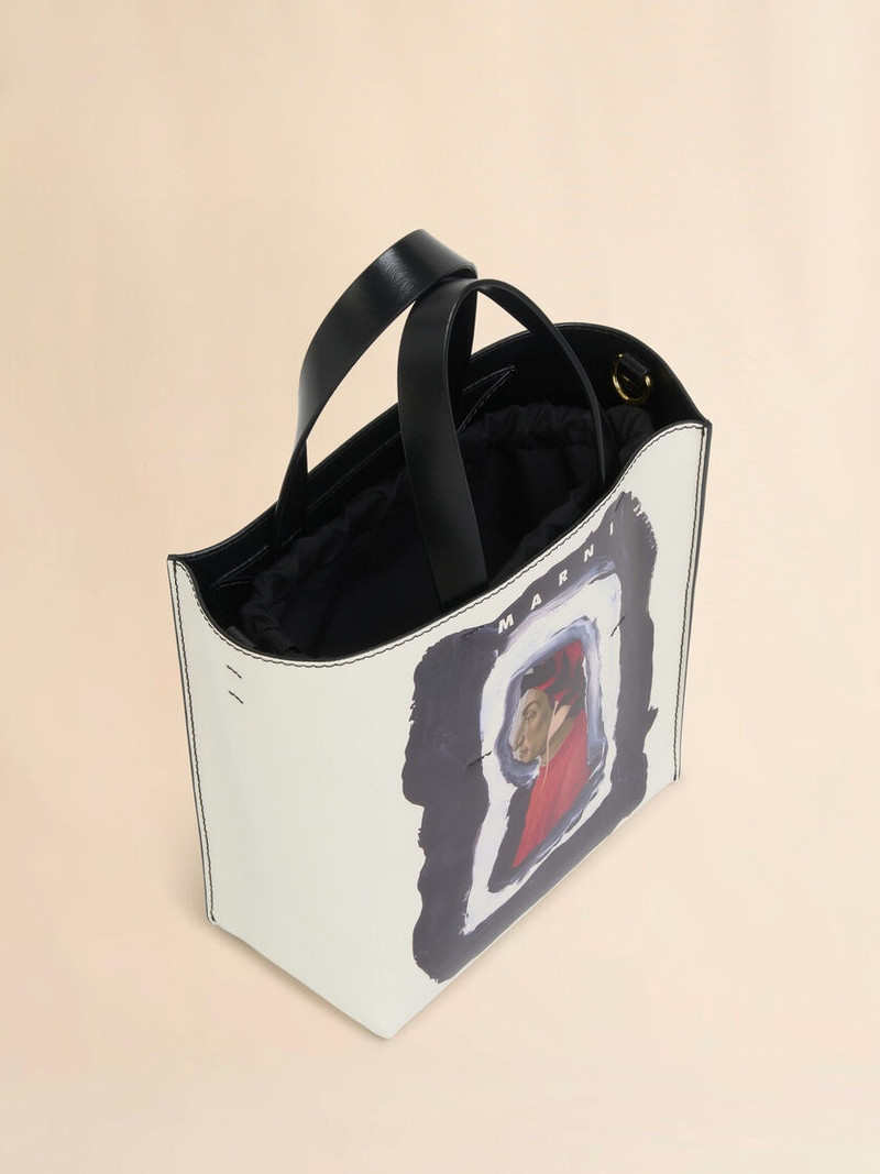 WHITE AND BLACK LEATHER MUSEO MINI BAG WITH DANTE PRINT 3