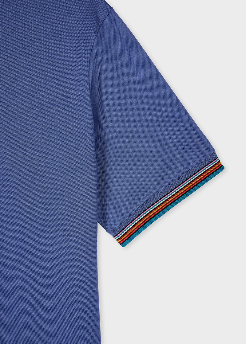 Blue Mercerised Cotton Pique 'Signature Stripe' Collar T-Shirt 3