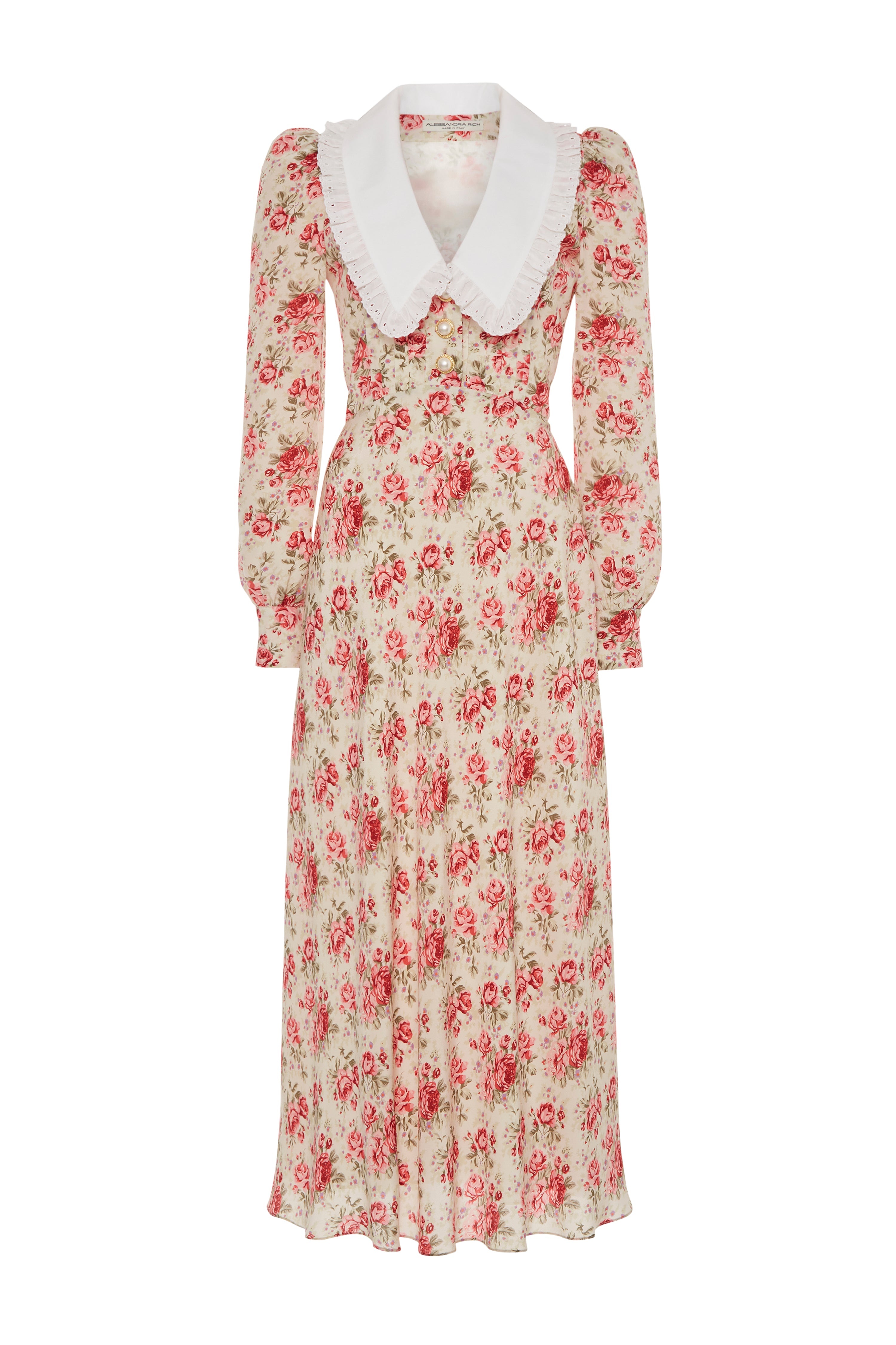 送料関税込【Alessandra Rich】ドレス Alessandra Rich ROSE PRINT SILK DRESS WITH COLLAR | REVERSIBLE