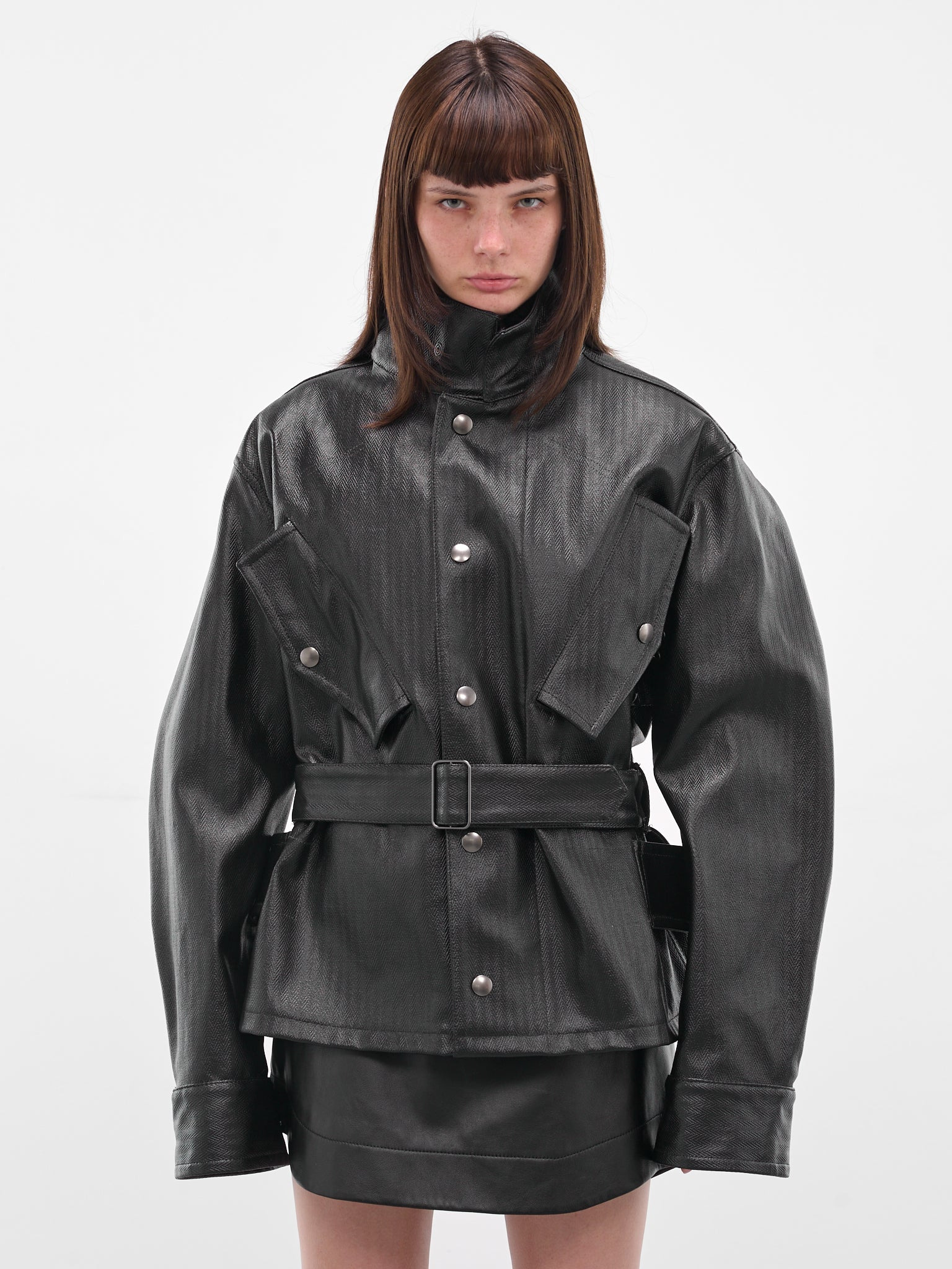 Black Laminated Cotton Belted Jacket - 1