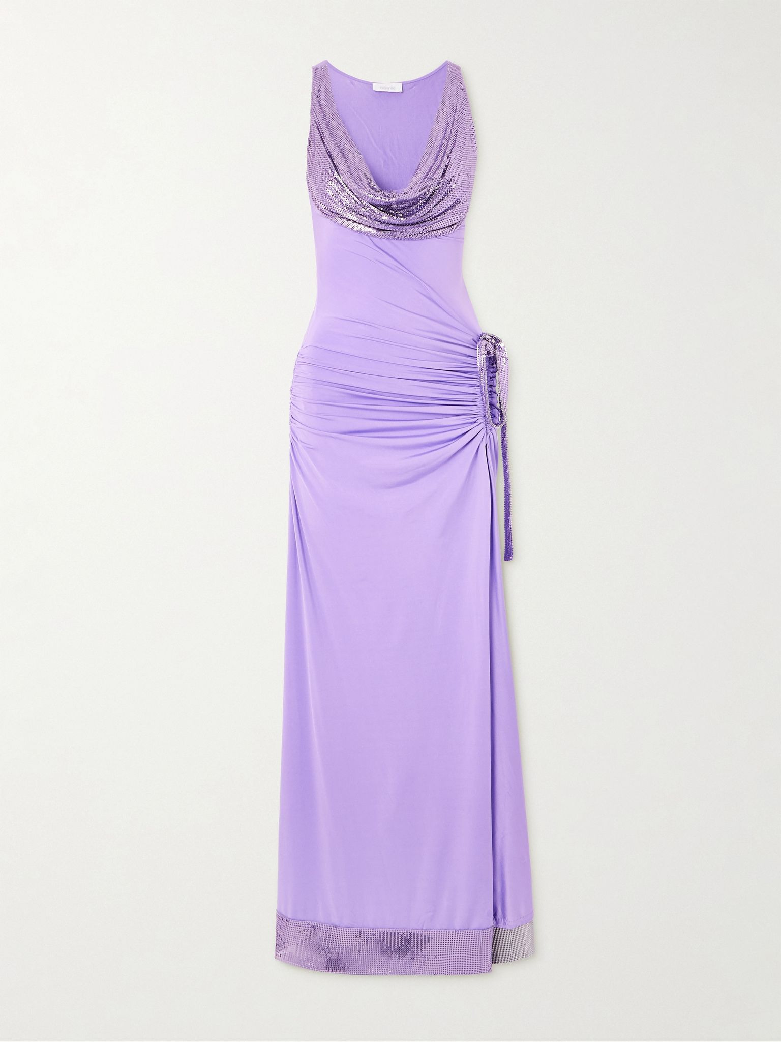 Chainmail-trimmed ruched satin-jersey maxi dress Purple - 1