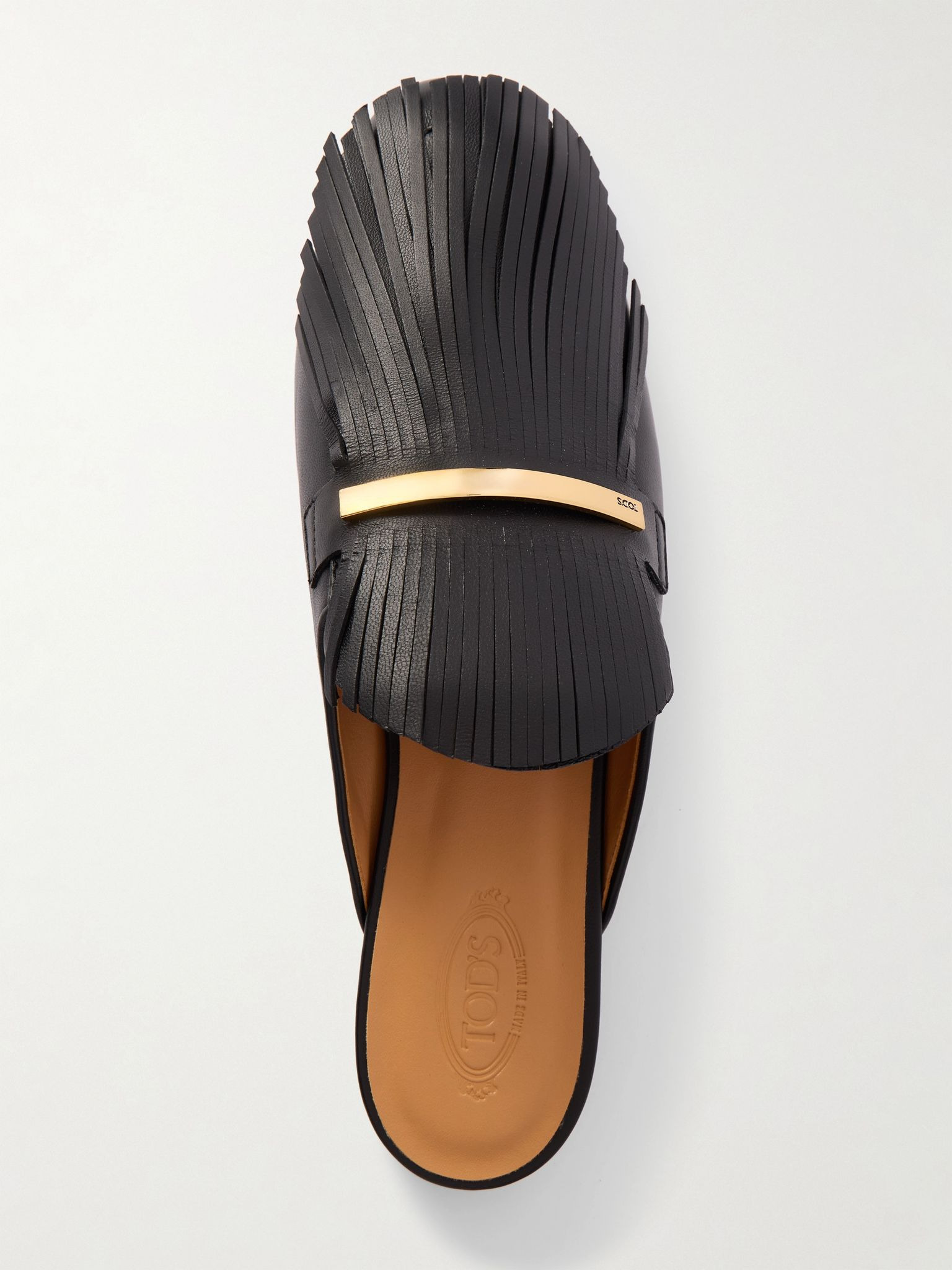 Embellished fringed leather slippers Black - 5