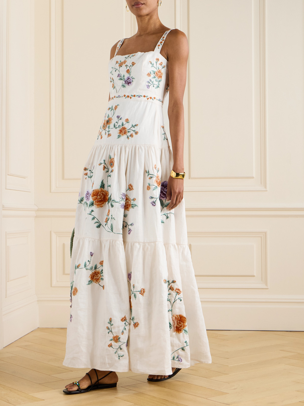 Lima Tiered Pleated Embroidered Linen Maxi Dress - 2