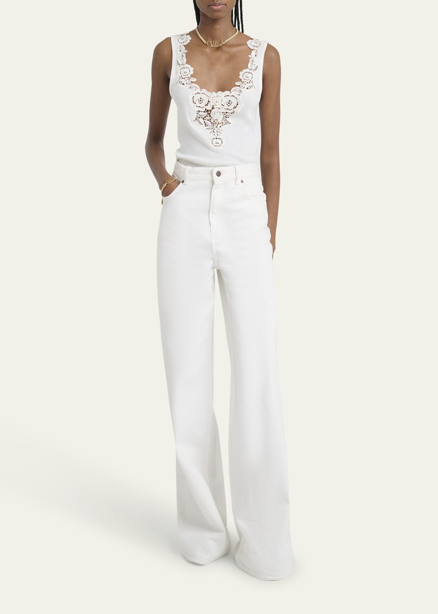 High-Rise White Denim Wide-Leg Palazzo Pants - 2