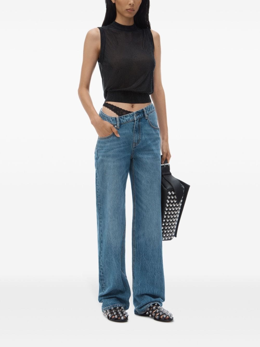asymmetrical waistband lace jeans - 2