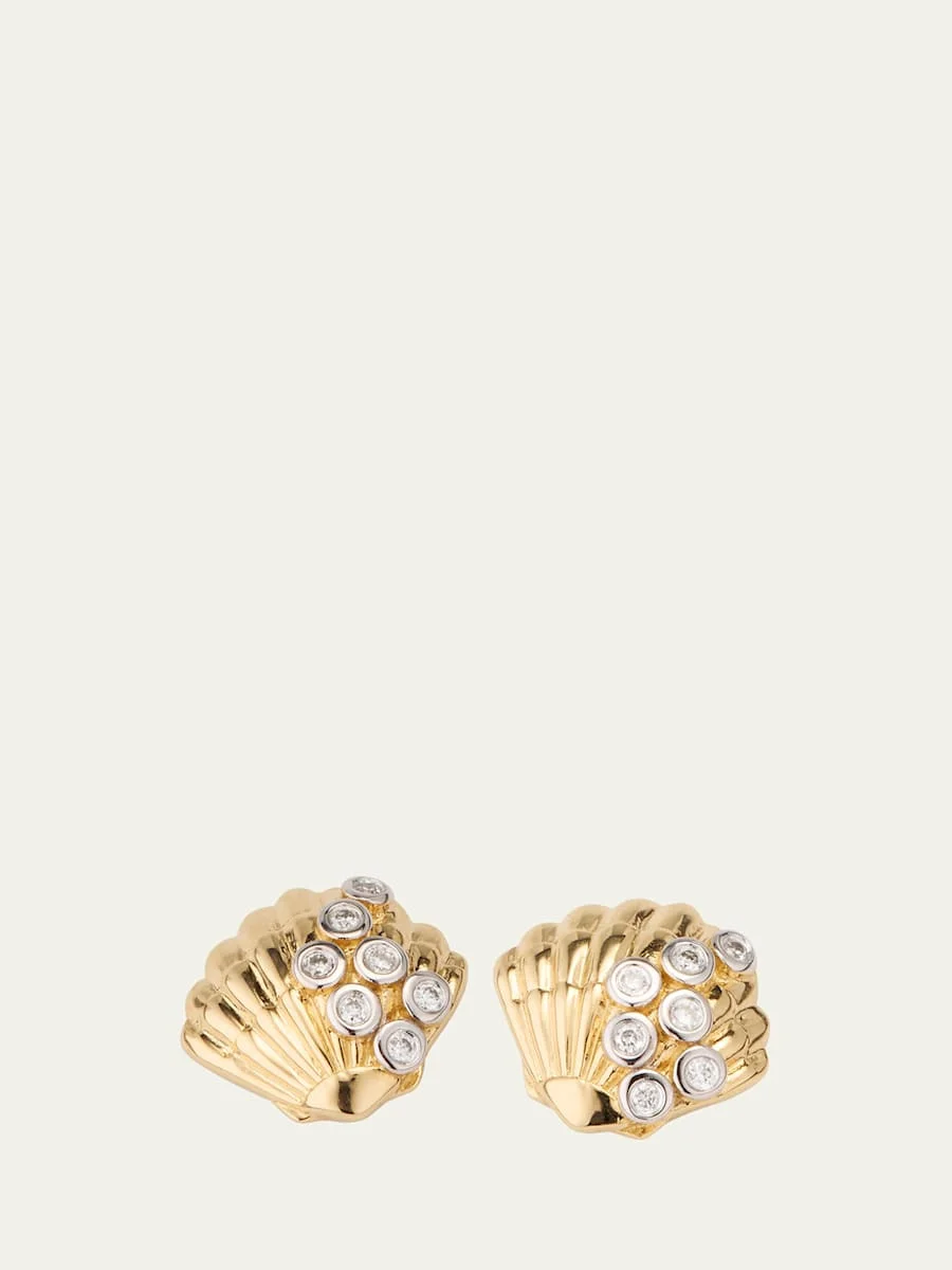 Clam Shell 14K Gold Diamond Stud Earring, Single - 1