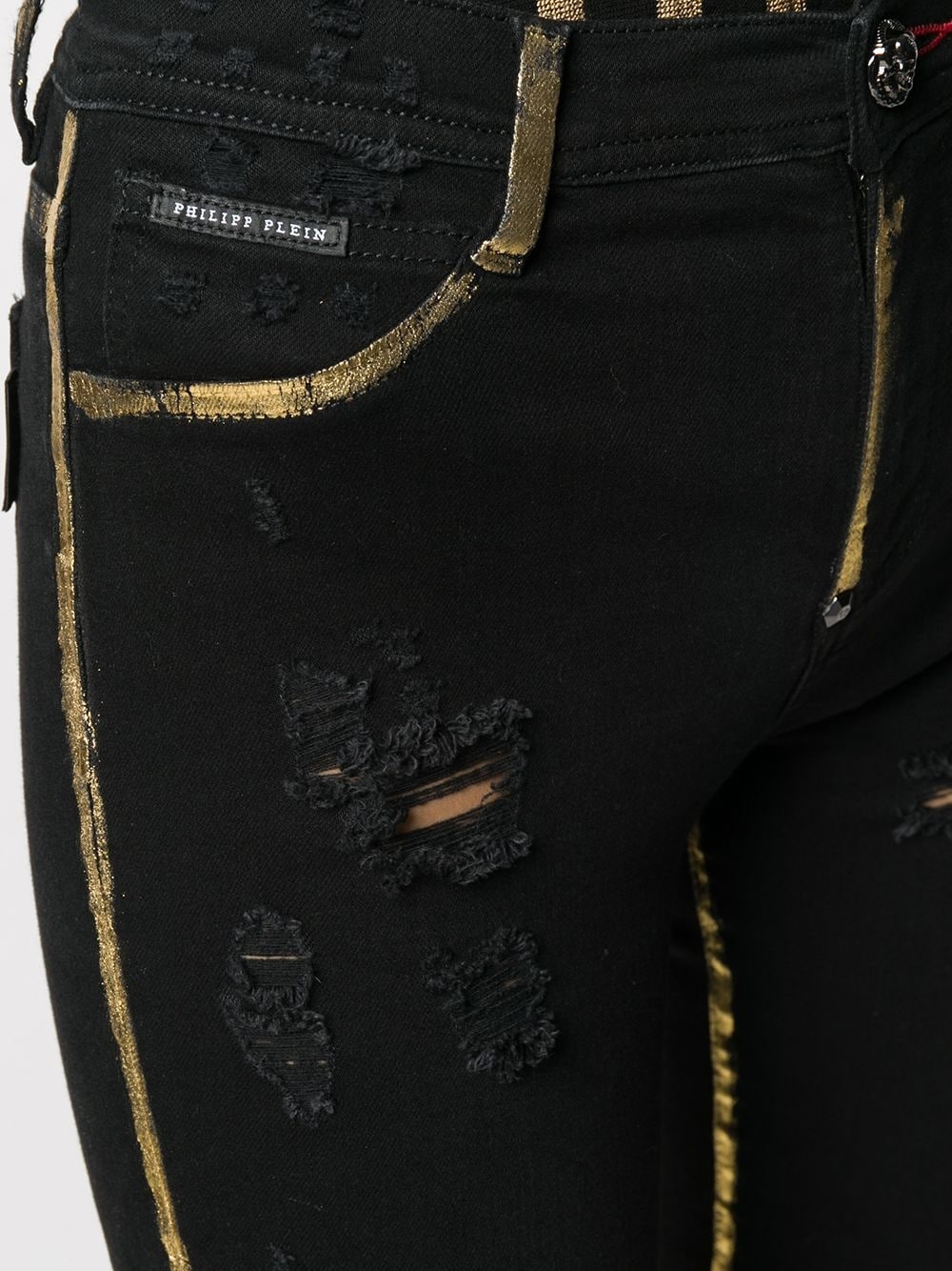 distressed gold-tone denim leggings - 5