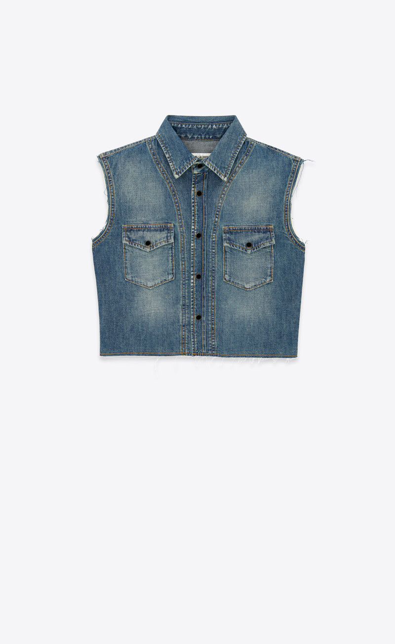 cropped sleeveless shirt in dusty medium vintage blue denim 1