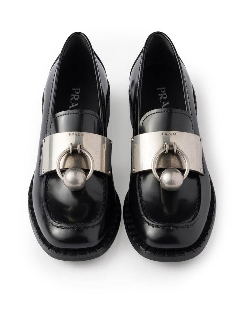 Prada Women Brushed Leather Loafers With Metal Ring - 4