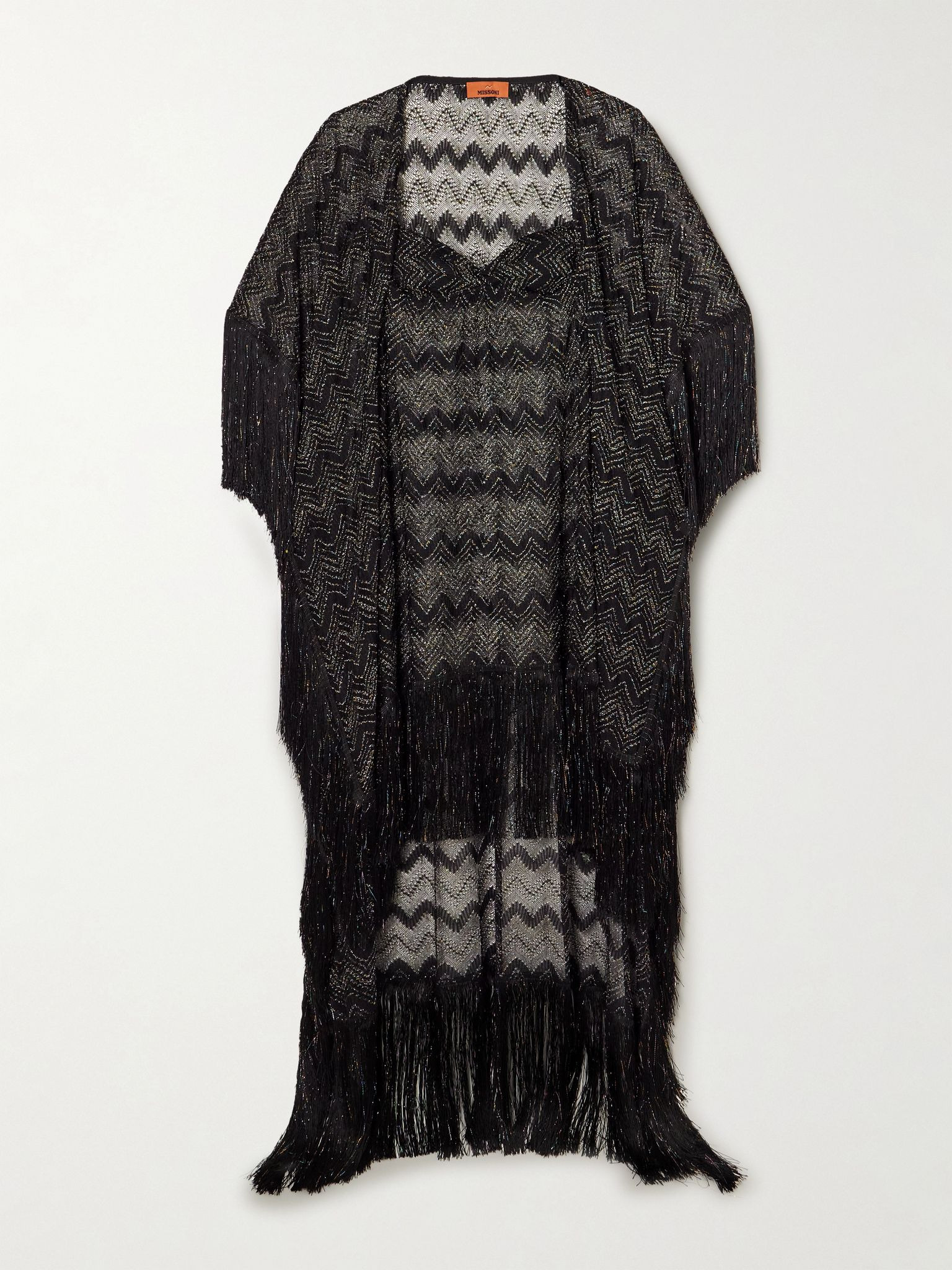 Mare fringed striped metallic crochet-knit kaftan Black - 1