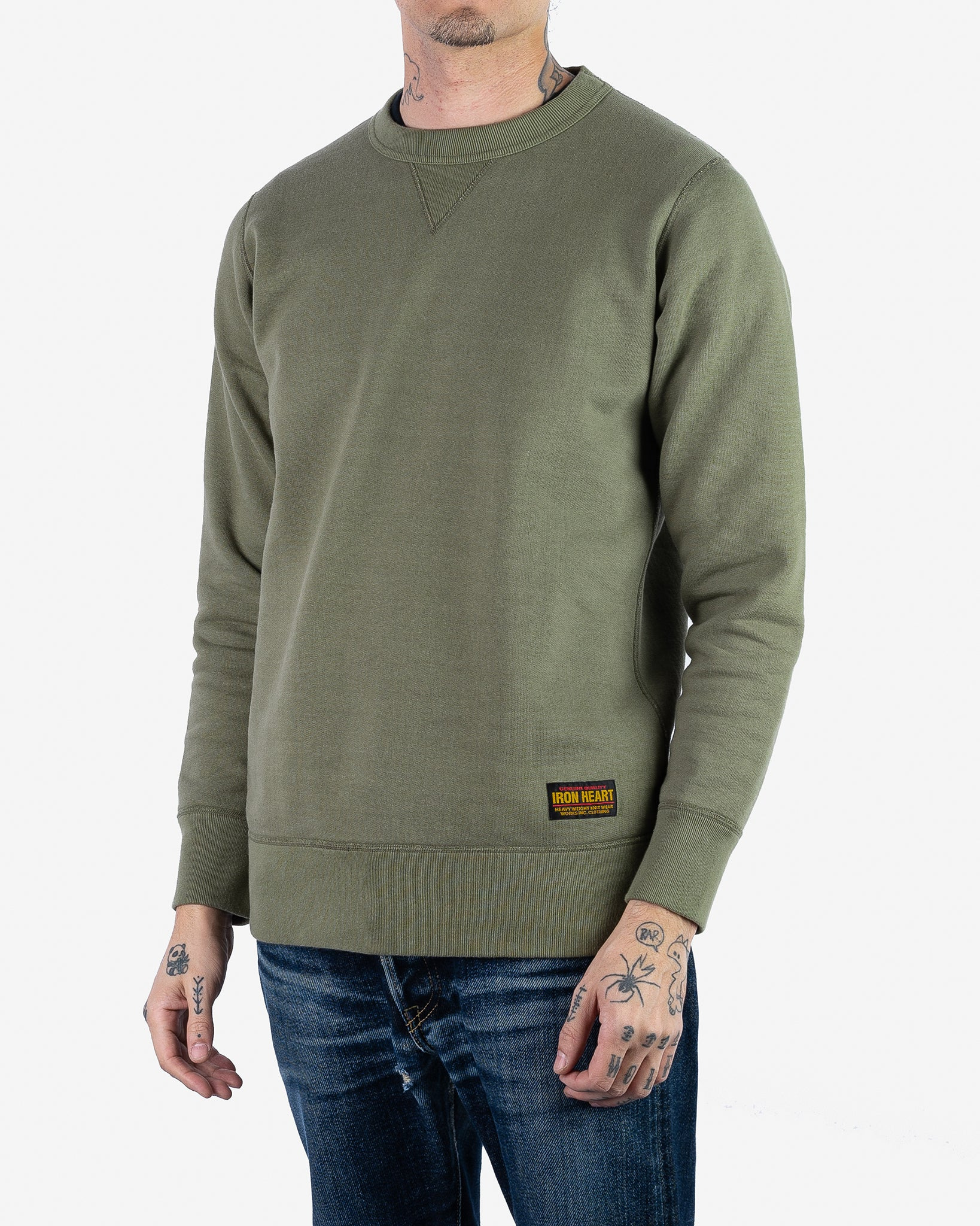 IHSW-69L-OLV 14oz Ultra Heavyweight Loopwheel Cotton Crew Neck Sweat - Olive - 2