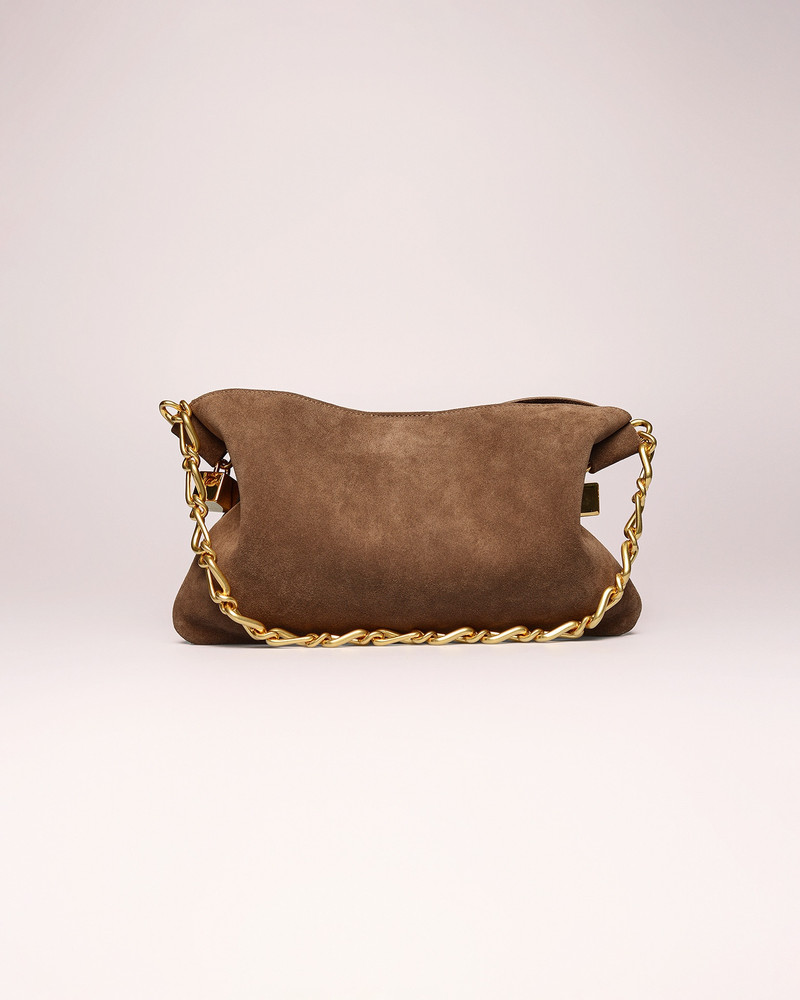 THE DICE BAGUETTE - Chain-embellished suede bag - Brown 1