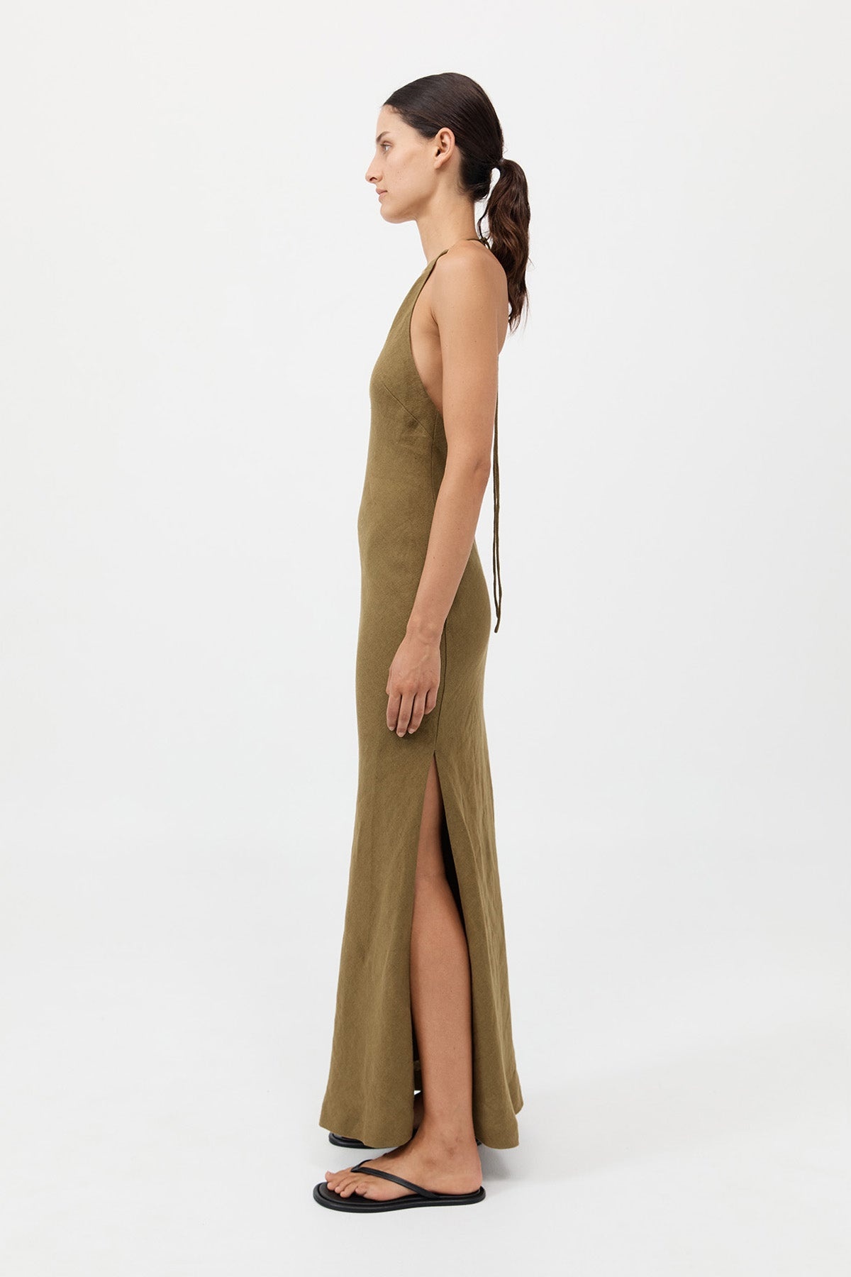 Linen Bias Halter Dress - Olive - 5