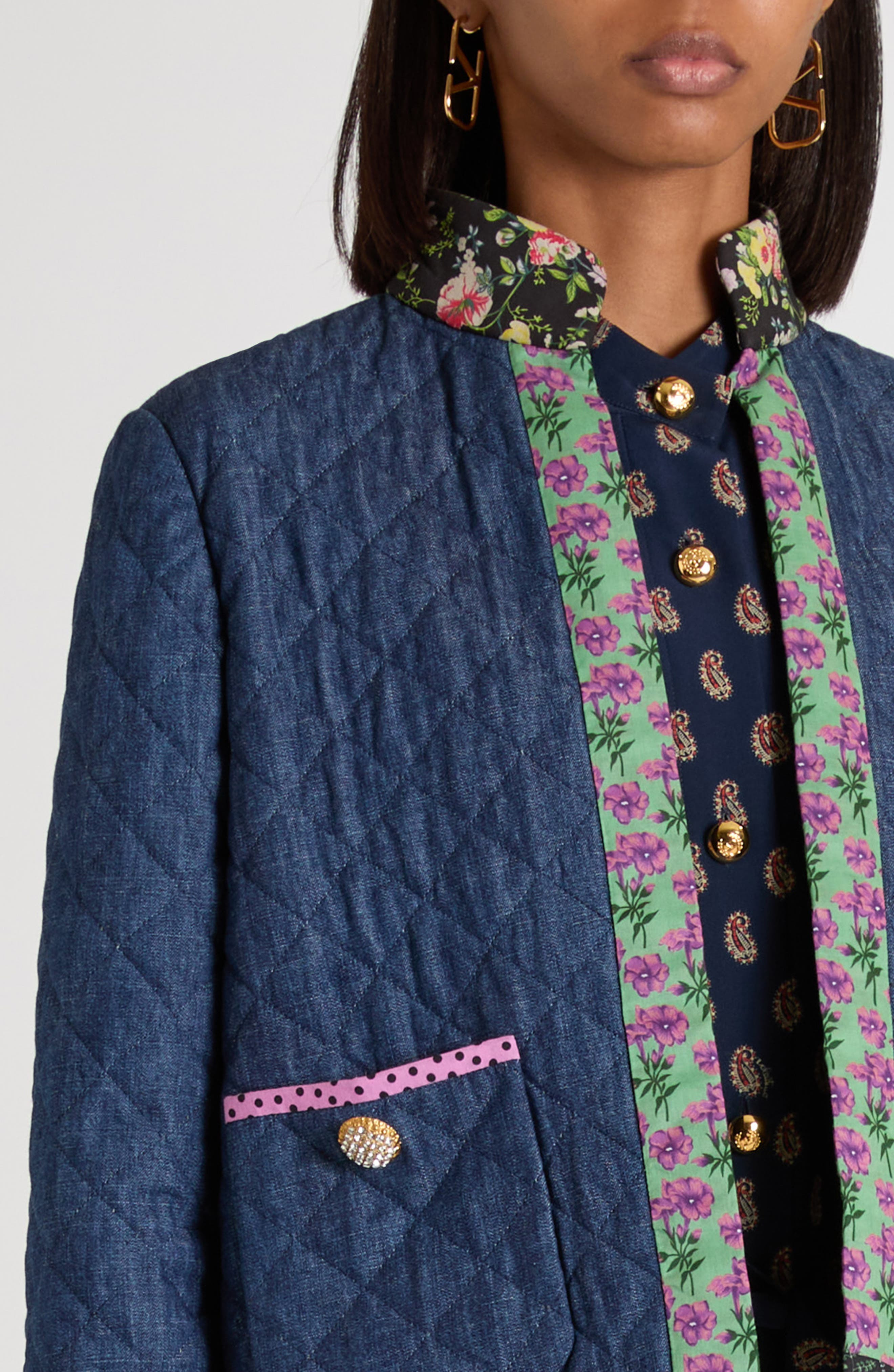 Valentino Garavani Floral Print & Quilted Denim Jacket in Navy at Nordstrom - 5