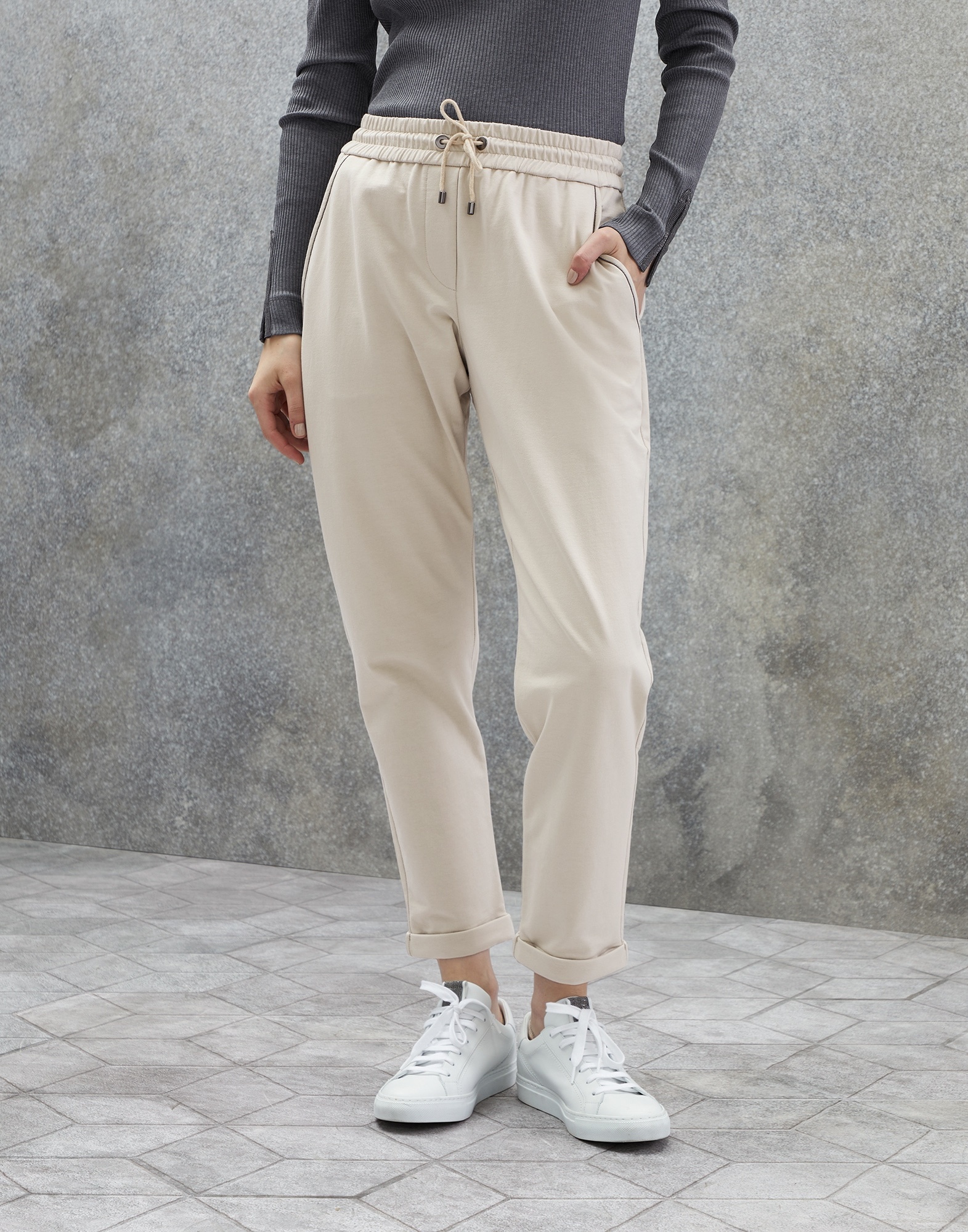 Stretch cotton lightweight French terry trousers with monili - 1