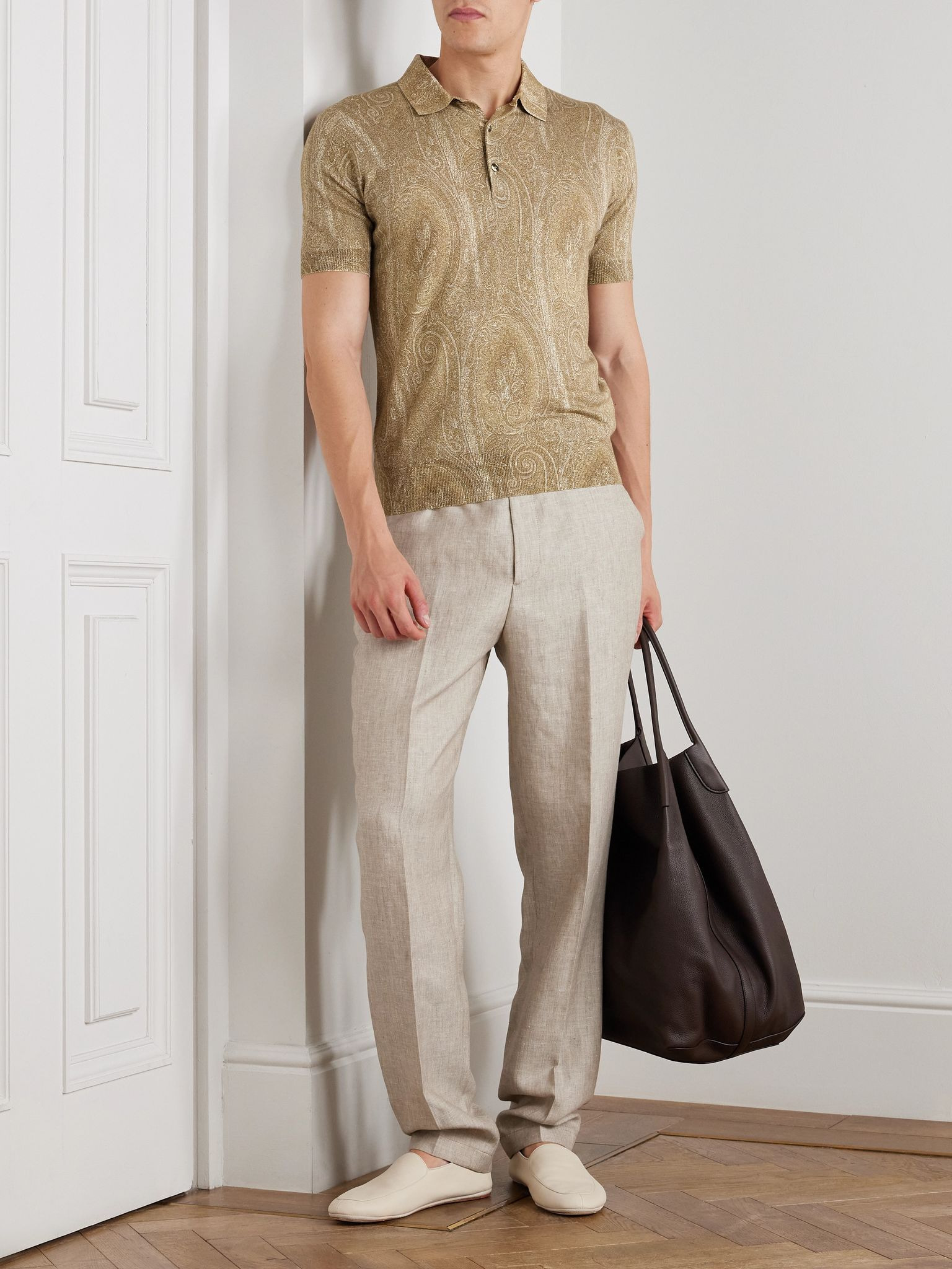 Slim-Fit Paisley-Print Silk and Cashmere-Blend Polo Shirt Beige - 2